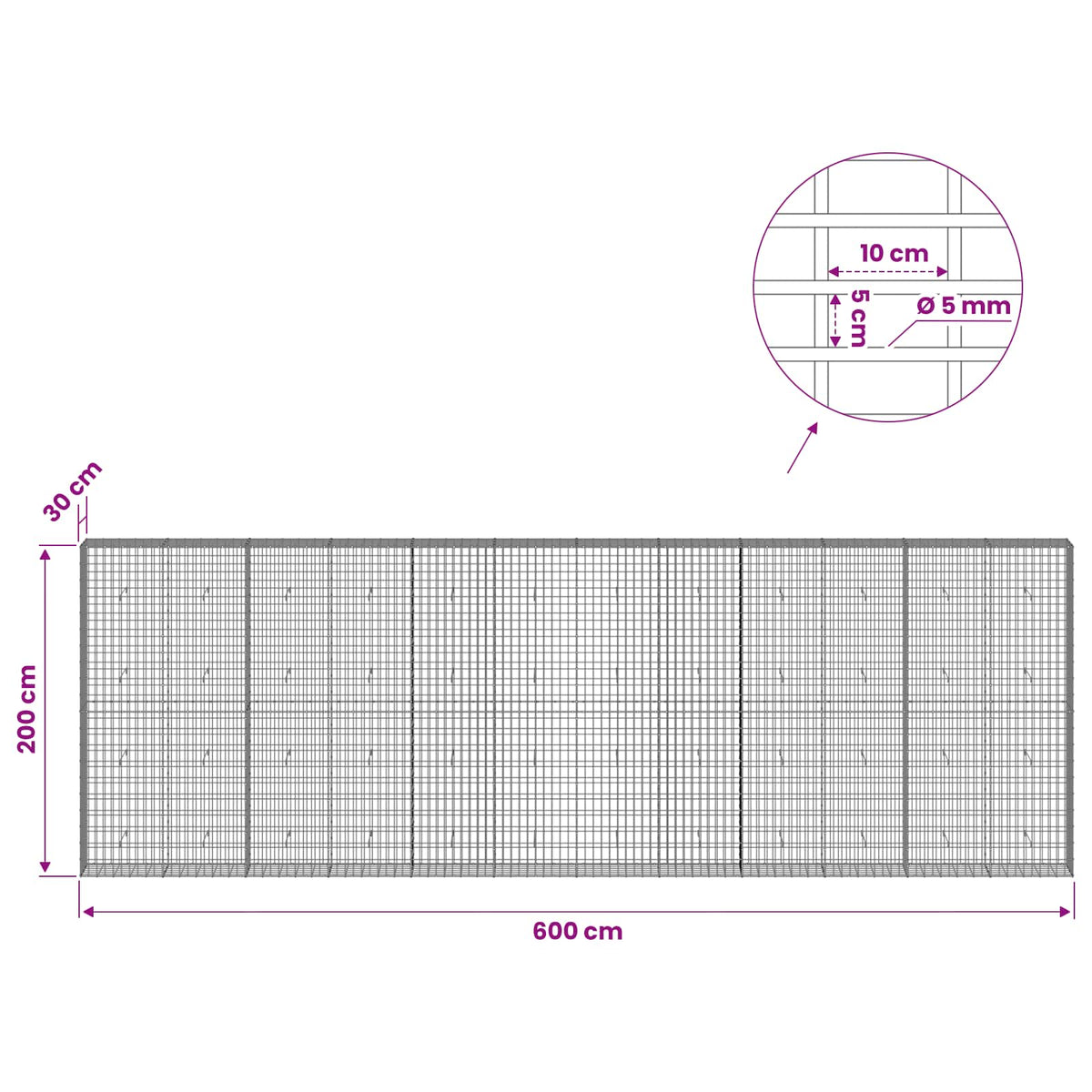 vidaXL Gabion with 5 mm Wire and 5x10 cm Mesh 600x30x200 cm 6
