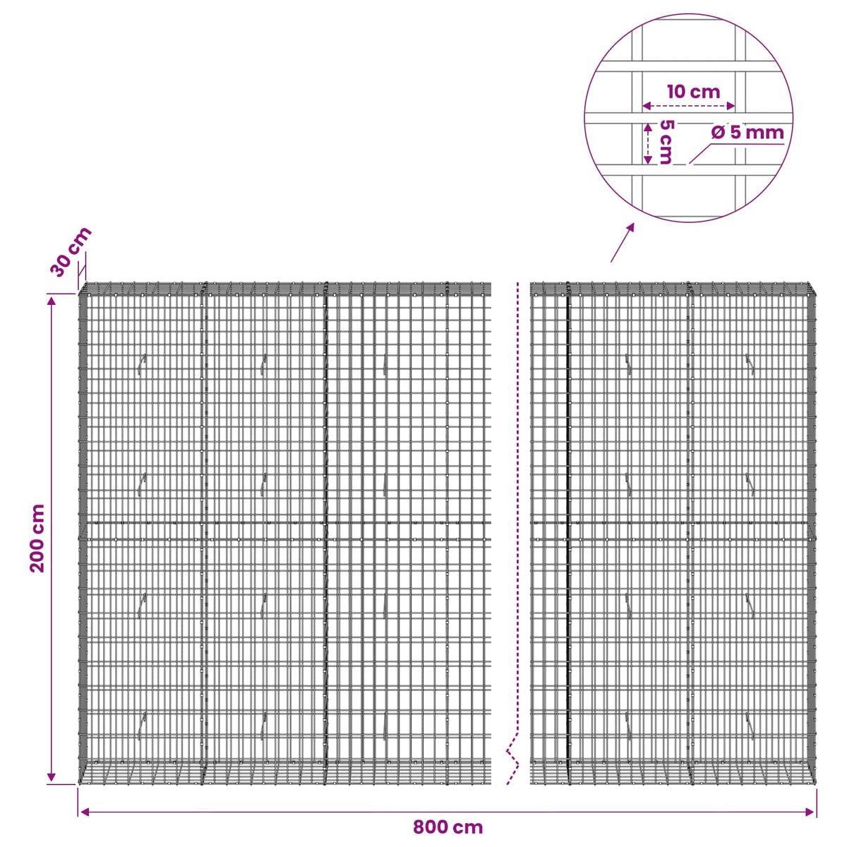 vidaXL Gabion with 5 mm Wire and 5x10 cm Mesh 800x30x200 cm 6