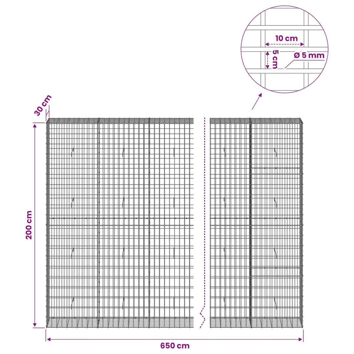 vidaXL Gabion with 5 mm Wire and 5x10 cm Mesh 850x30x200 cm 6
