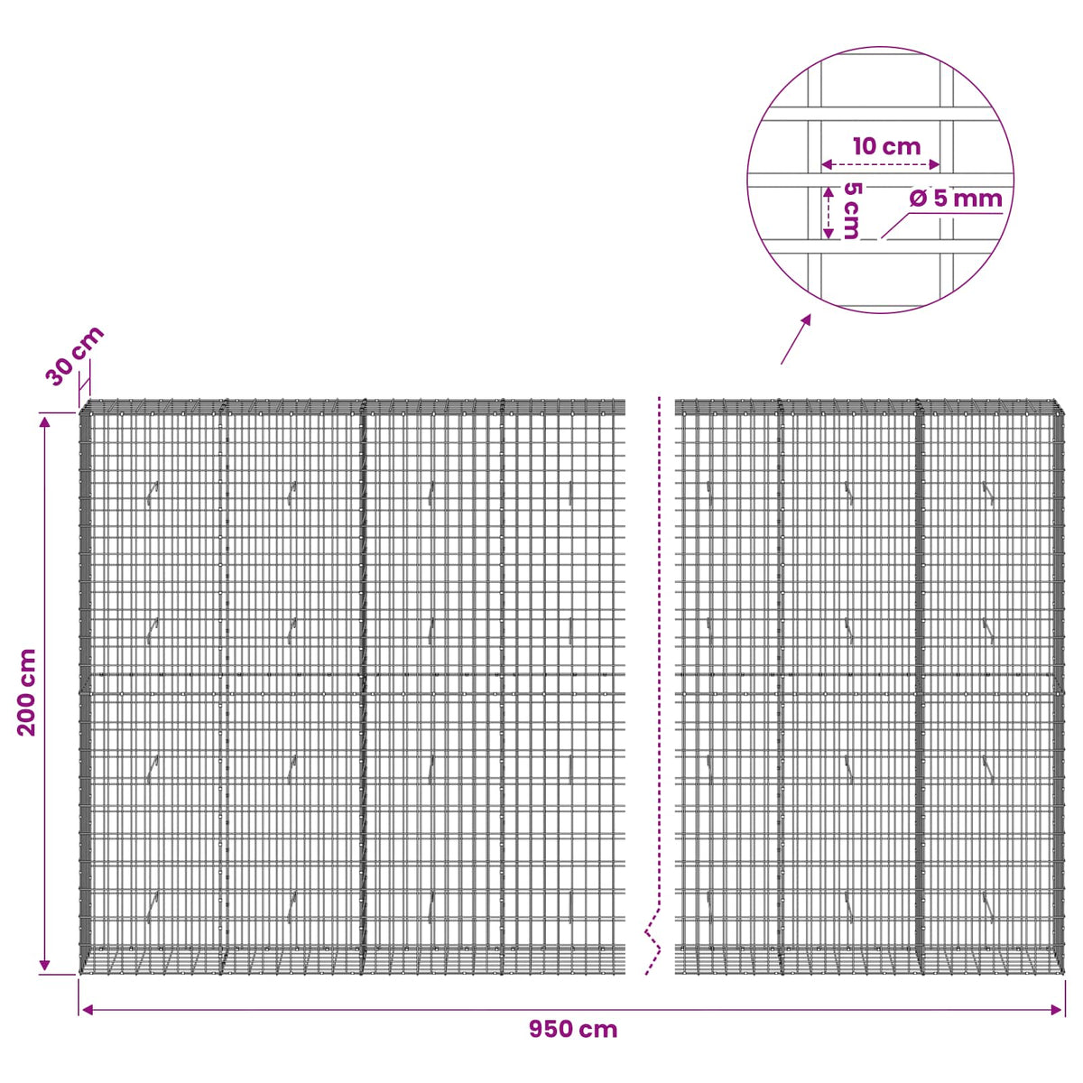 vidaXL Gabion with 5 mm Wire and 5x10 cm Mesh 950x30x200 cm 6