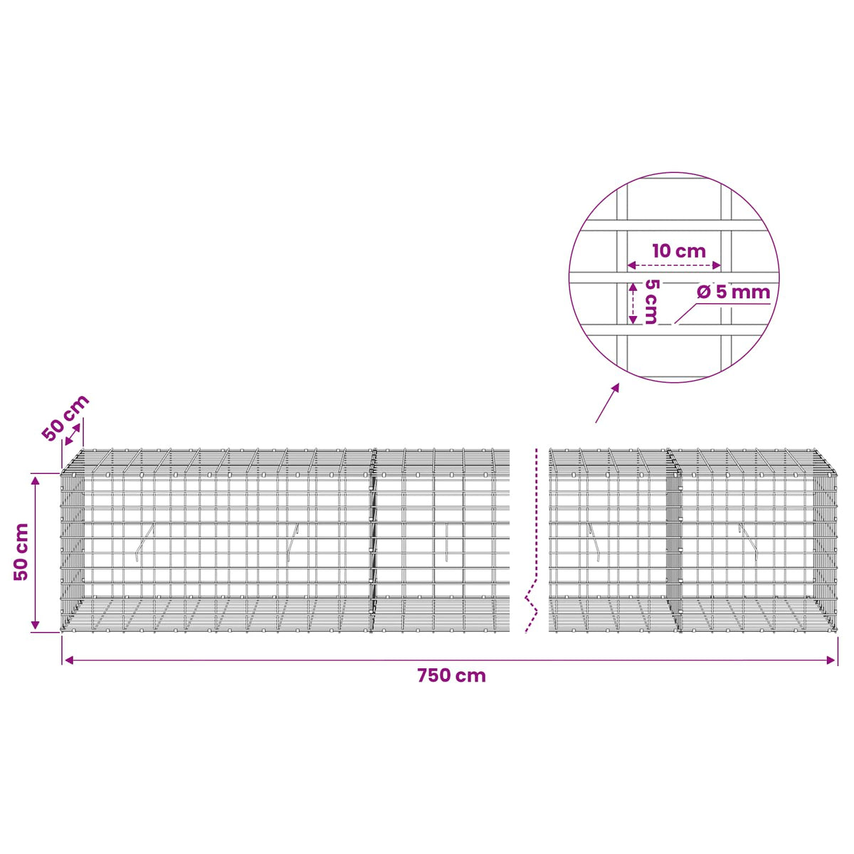 vidaXL Gabion with 5 mm Wire and 5x10 cm Mesh 750x50x50 cm 6