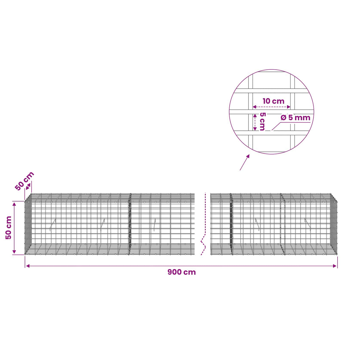 vidaXL Gabion with 5 mm Wire and 5x10 cm Mesh 900x50x50 cm 6