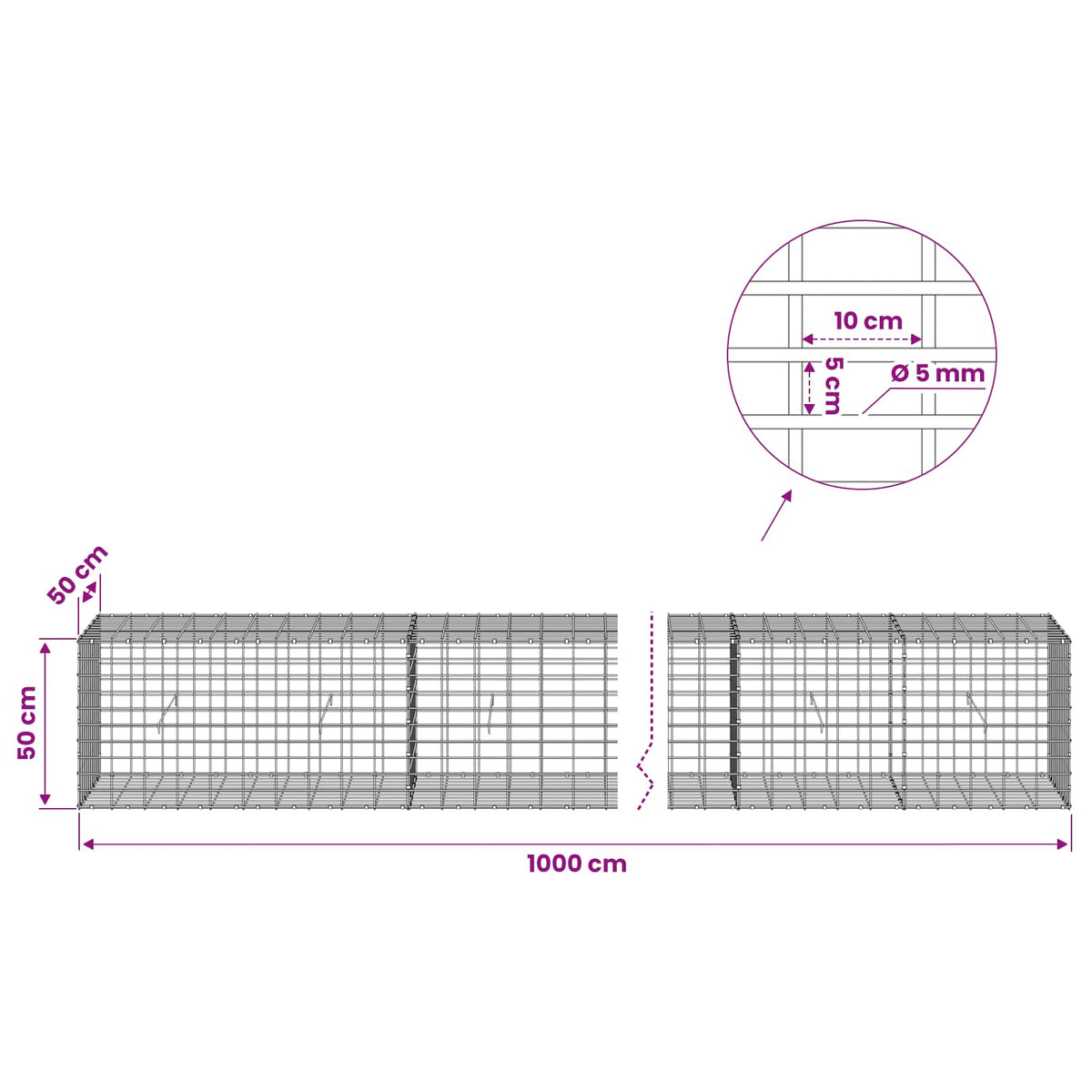 vidaXL Gabion with 5 mm Wire and 5x10 cm Mesh 1000x50x50 cm 6