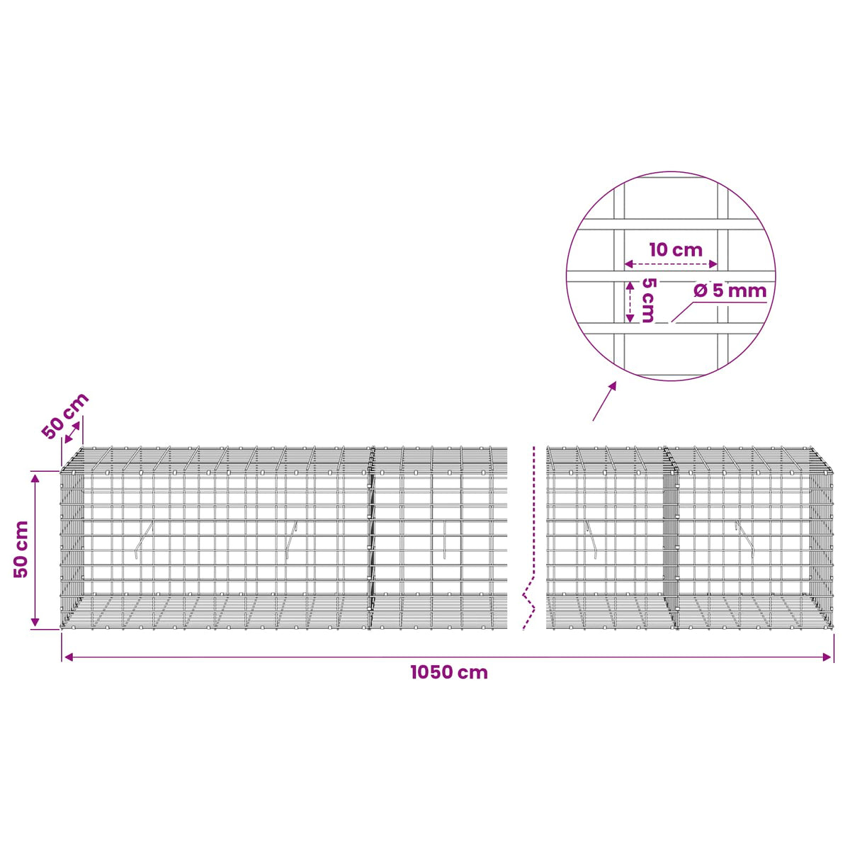 vidaXL Gabion with 5 mm Wire and 5x10 cm Mesh 1050x50x50 cm 6