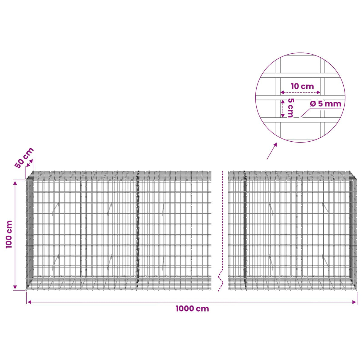 vidaXL Gabion with 5 mm Wire and 5x10 cm Mesh 1000x50x100 cm 6