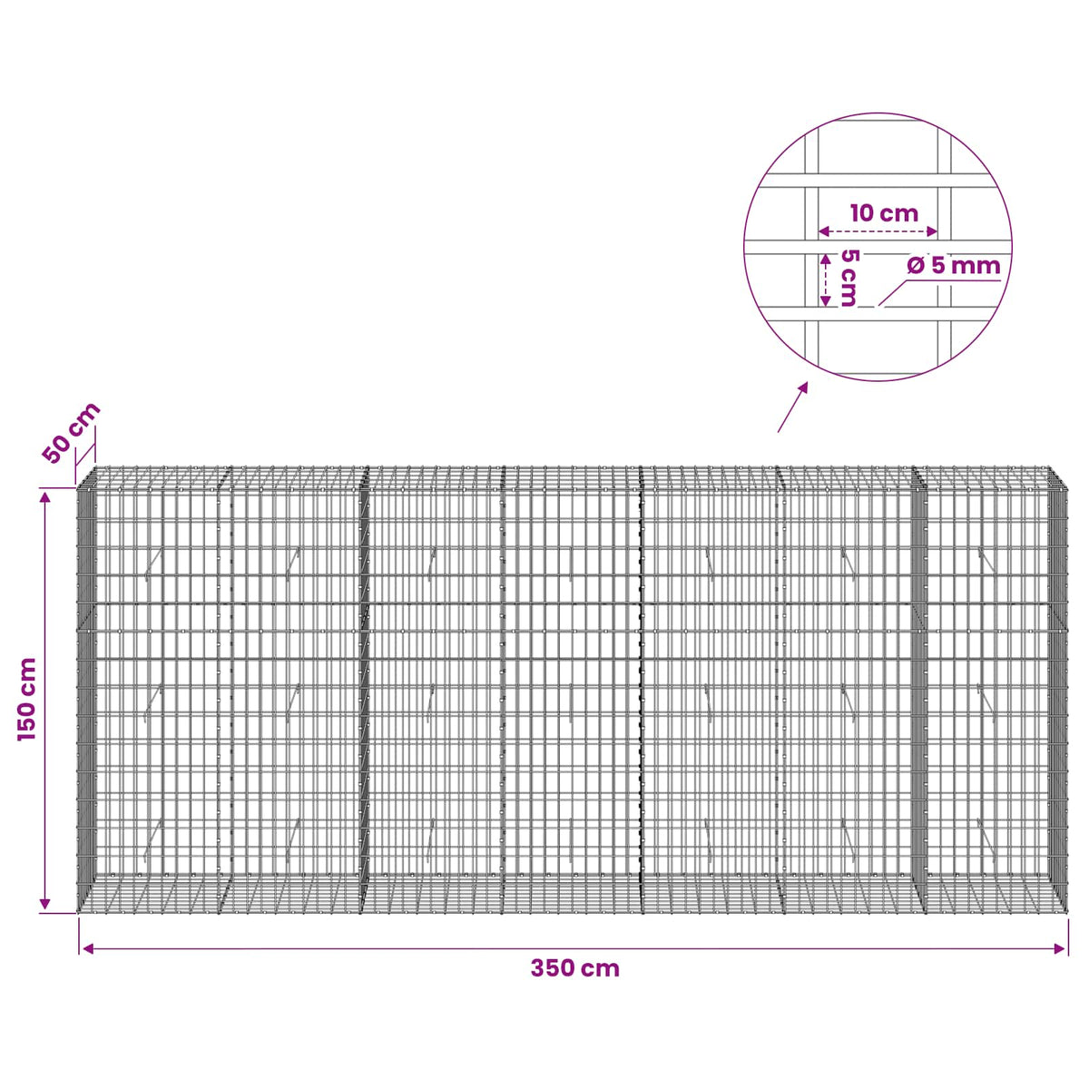 vidaXL Gabion with 5 mm Wire and 5x10 cm Mesh 350x50x150 cm 6