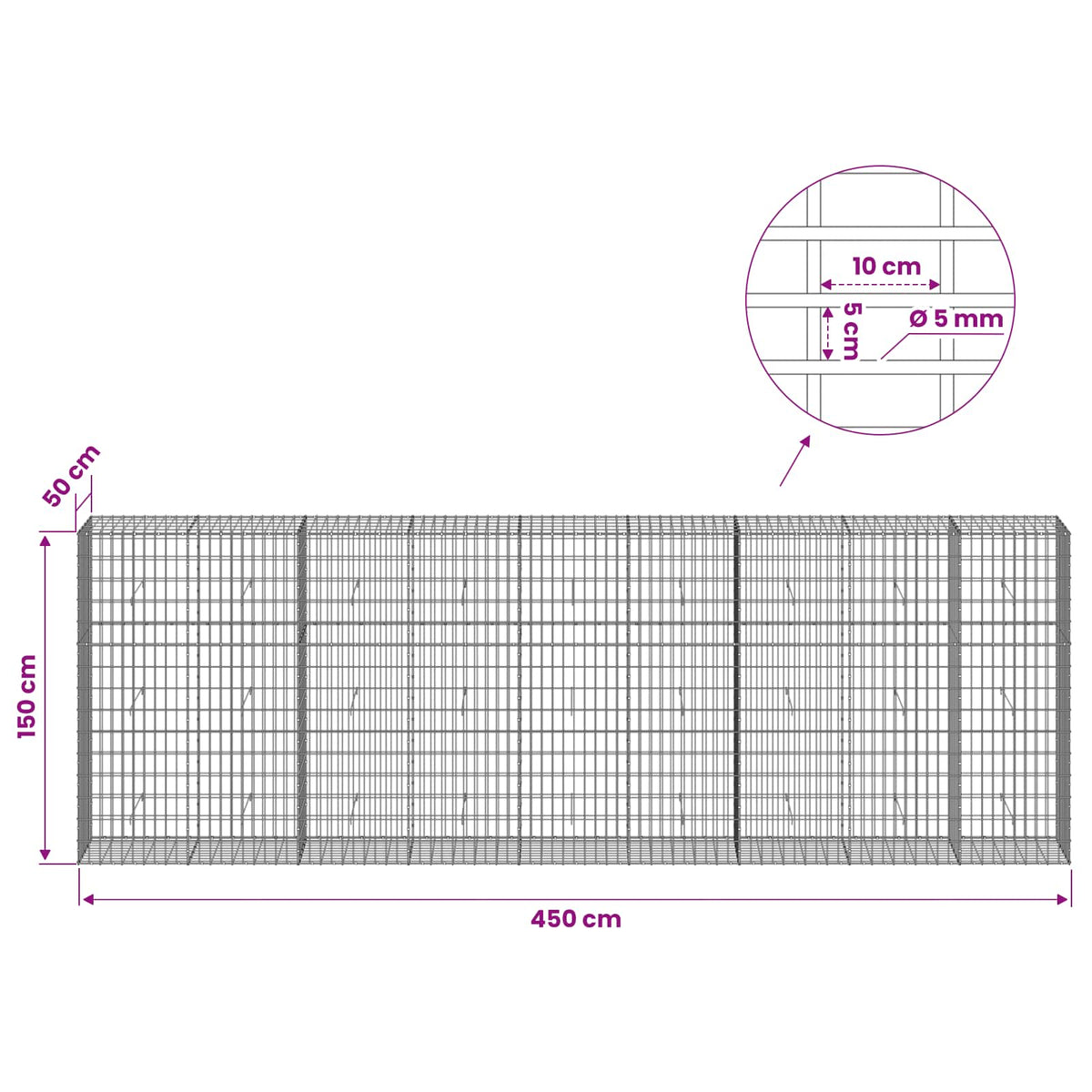 vidaXL Gabion with 5 mm Wire and 5x10 cm Mesh 450x50x150 cm 6