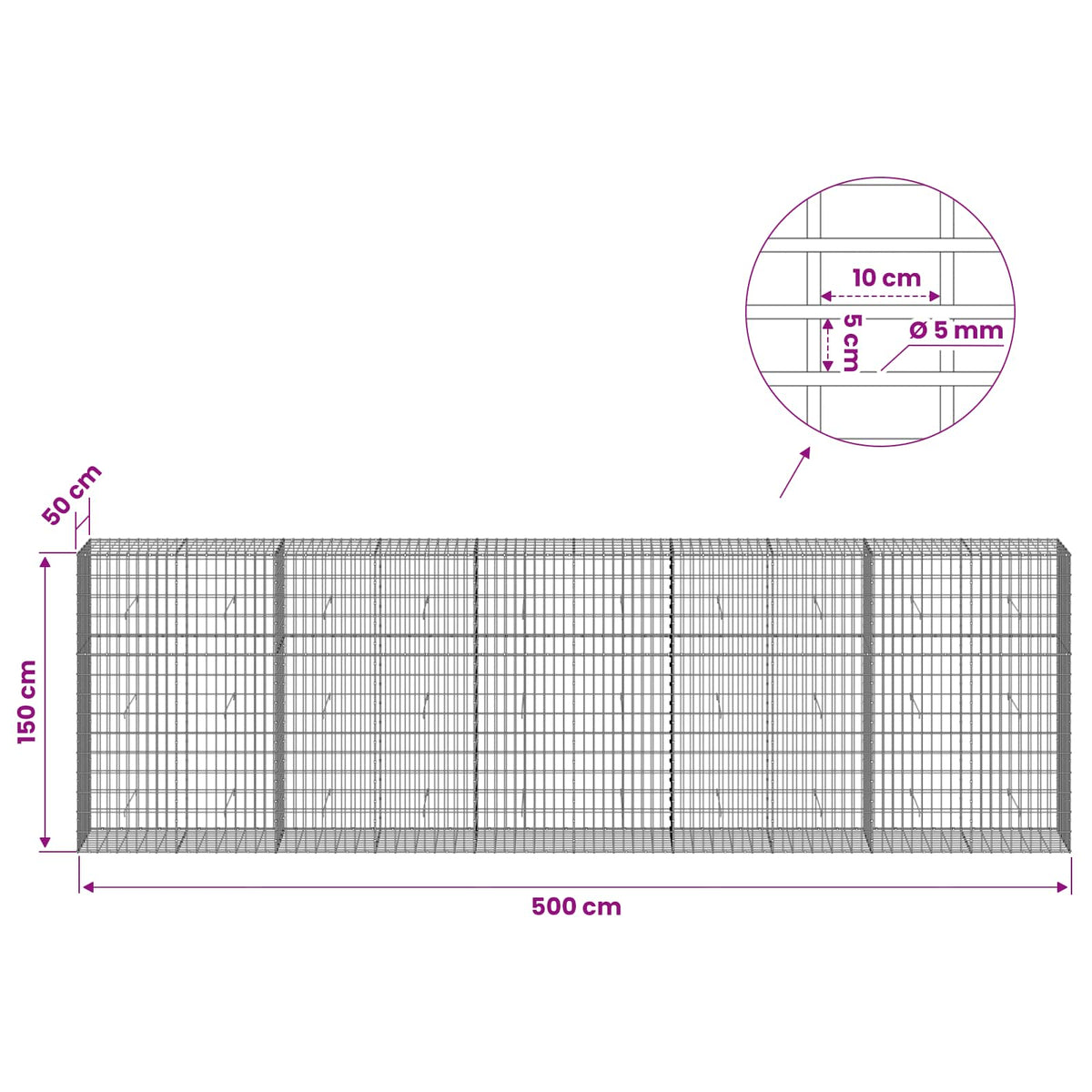 vidaXL Gabion with 5 mm Wire and 5x10 cm Mesh 500x50x150 cm 6