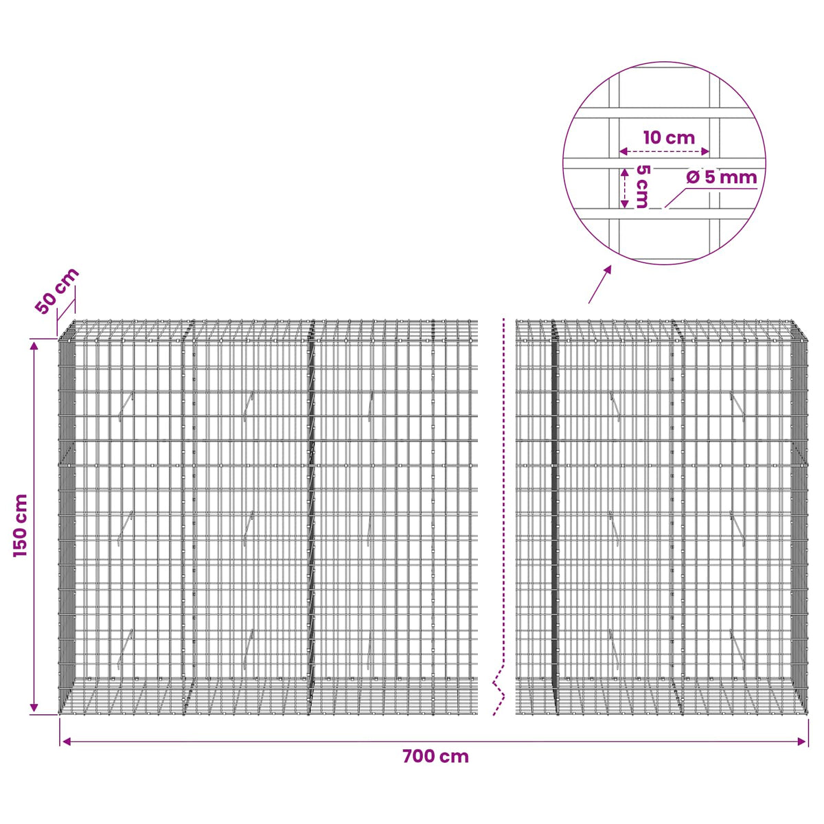 vidaXL Gabion with 5 mm Wire and 5x10 cm Mesh 700x50x150 cm 6