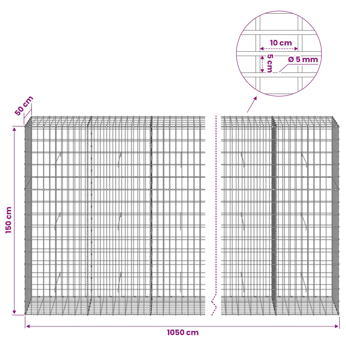 vidaXL Gabion with 5 mm Wire and 5x10 cm Mesh 1050x50x150 cm 6