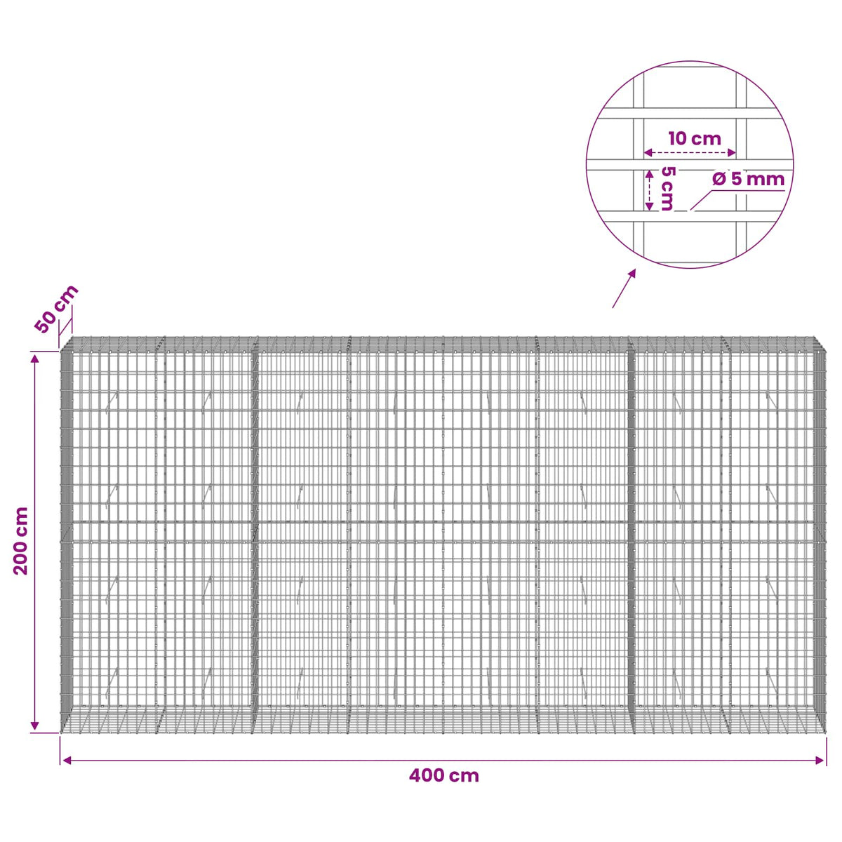 vidaXL Gabion with 5 mm Wire and 5x10 cm Mesh 400x50x200 cm 6