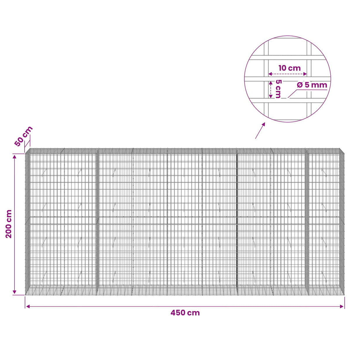 vidaXL Gabion with 5 mm Wire and 5x10 cm Mesh 450x50x200 cm 6