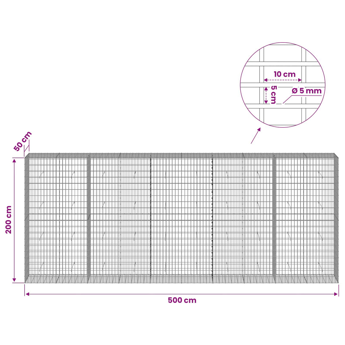 vidaXL Gabion with 5 mm Wire and 5x10 cm Mesh 500x50x200 cm 6