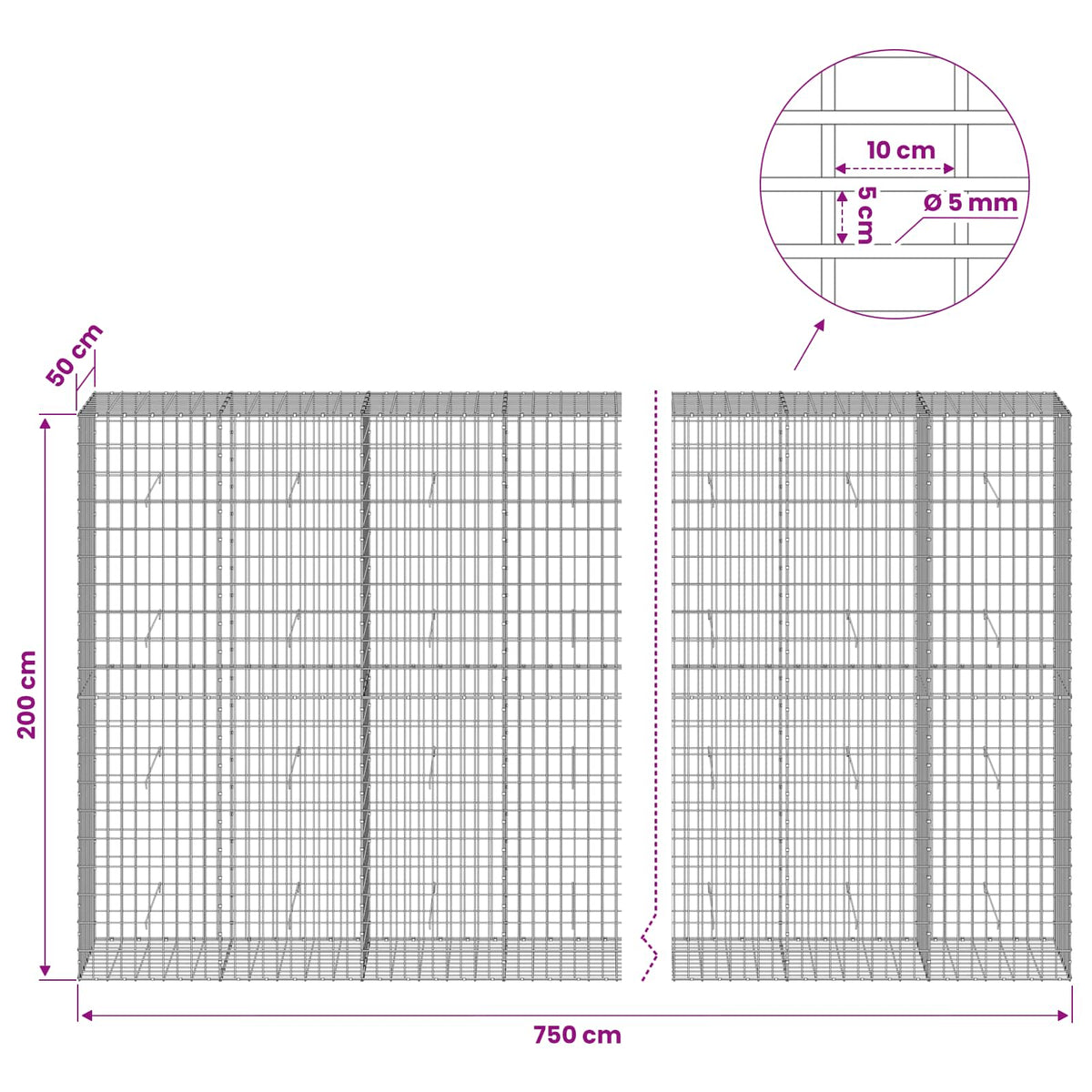 vidaXL Gabion with 5 mm Wire and 5x10 cm Mesh 750x50x200 cm 6