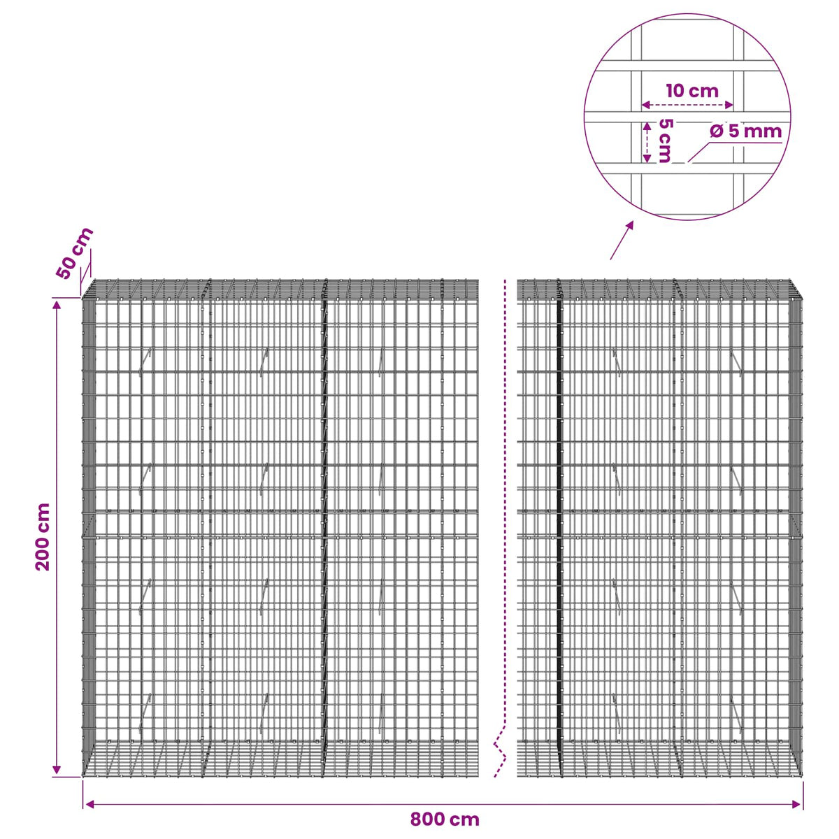 vidaXL Gabion with 5 mm Wire and 5x10 cm Mesh 800x50x200 cm 6