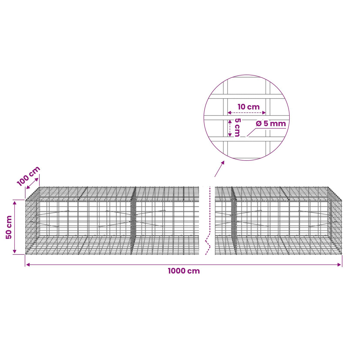 vidaXL Gabion with 5 mm Wire and 5x10 cm Mesh 1000x100x50 cm 6