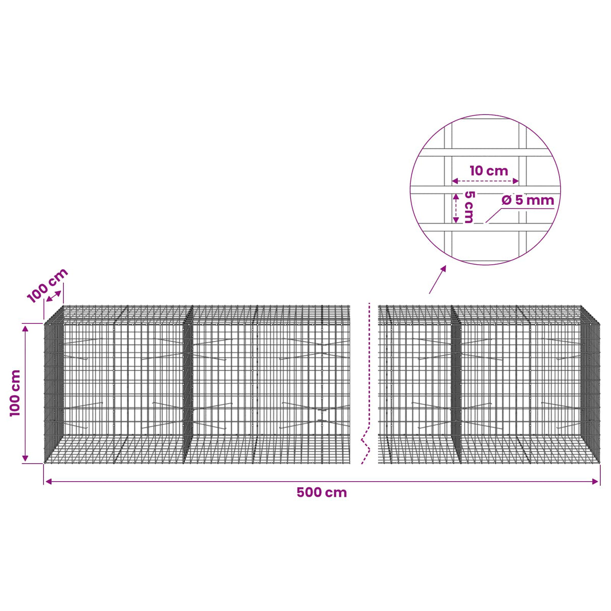 vidaXL Gabion with 5 mm Wire and 5x10 cm Mesh 500x100x100 cm 6