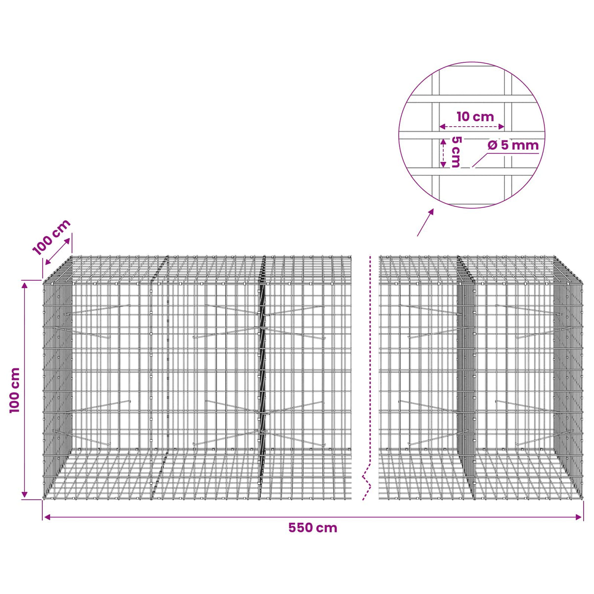 vidaXL Gabion with 5 mm Wire and 5x10 cm Mesh 550x100x100 cm 6