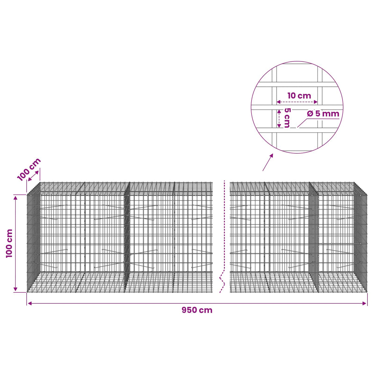 vidaXL Gabion with 5 mm Wire and 5x10 cm Mesh 950x100x100 cm 6