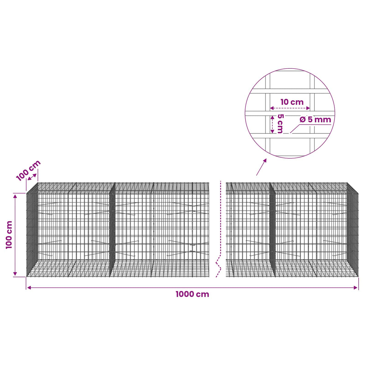 vidaXL Gabion with 5 mm Wire and 5x10 cm Mesh 1000x100x100 cm 6