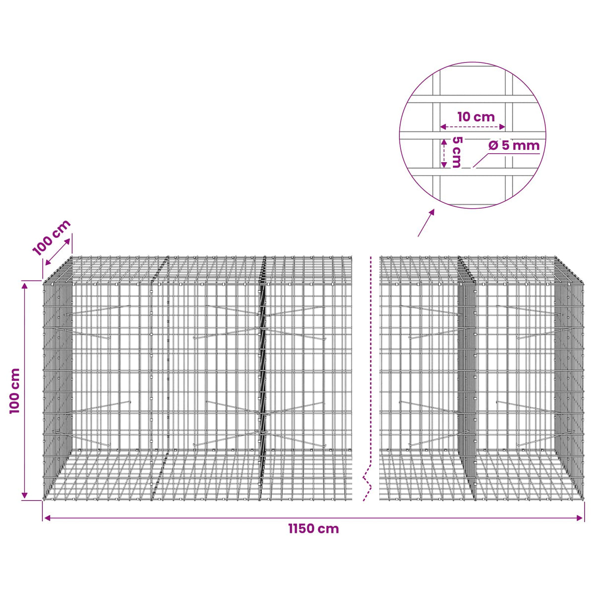 vidaXL Gabion with 5 mm Wire and 5x10 cm Mesh 1150x100x100 cm 6