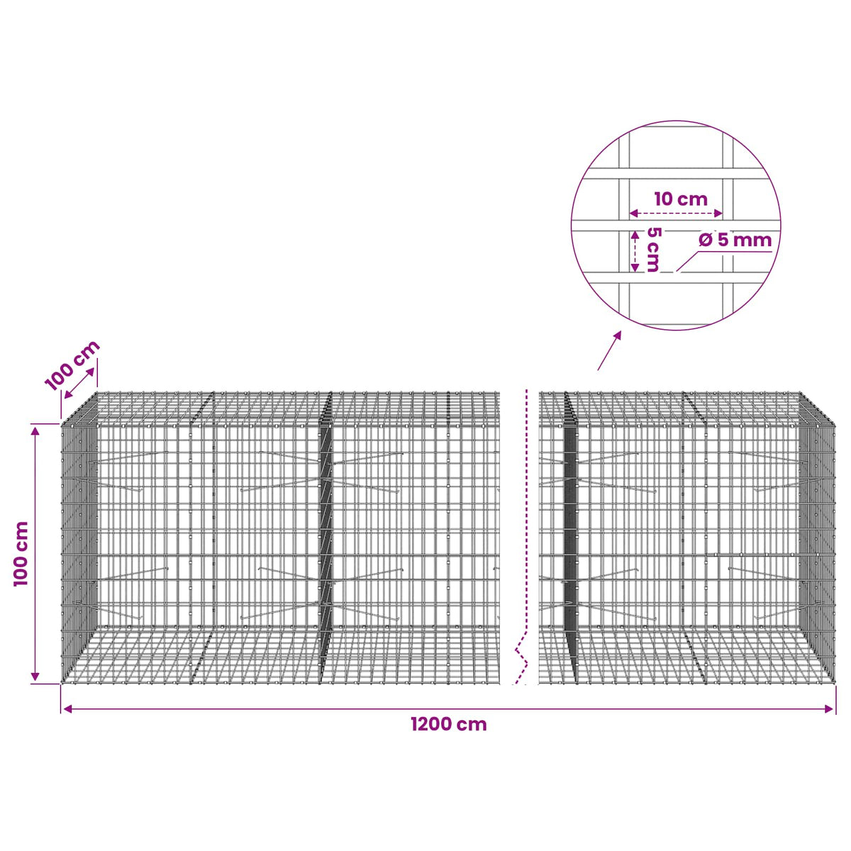 vidaXL Gabion with 5 mm Wire and 5x10 cm Mesh 1200x100x100 cm 6
