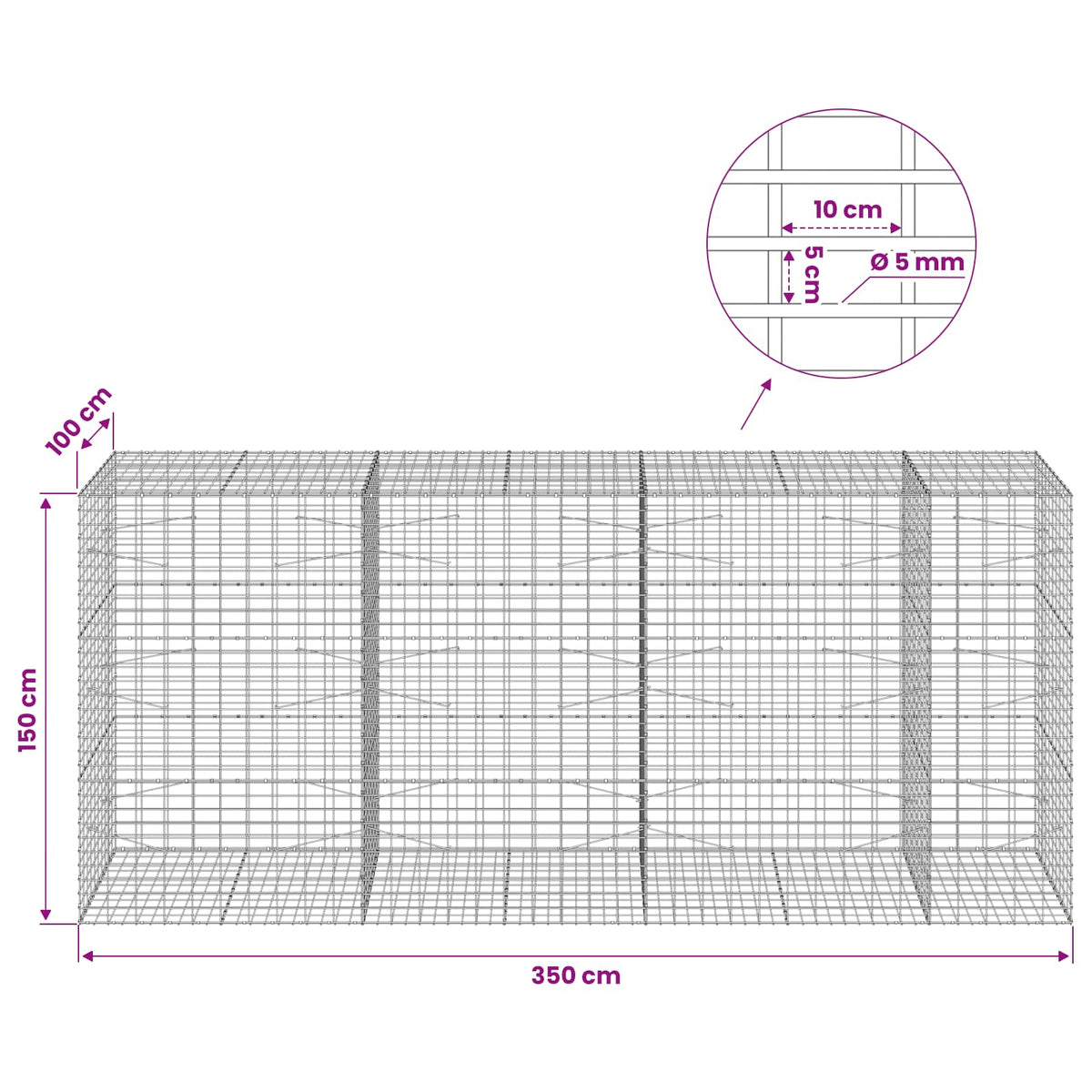 vidaXL Gabion with 5 mm Wire and 5x10 cm Mesh 350x100x150 cm 6