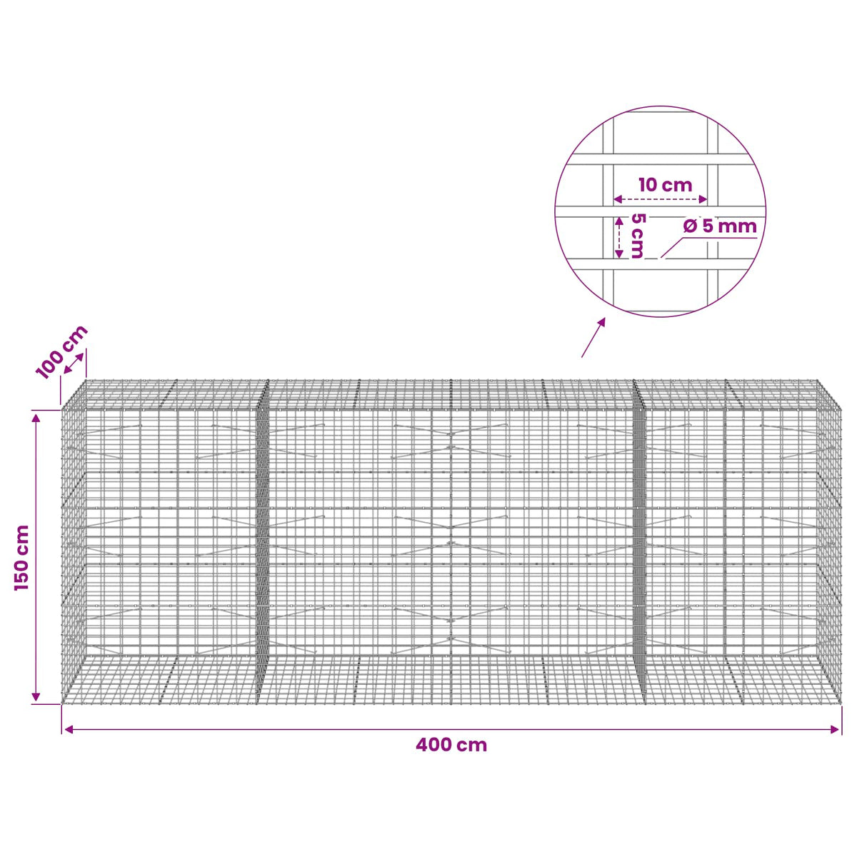 vidaXL Gabion with 5 mm Wire and 5x10 cm Mesh 400x100x150 cm 6