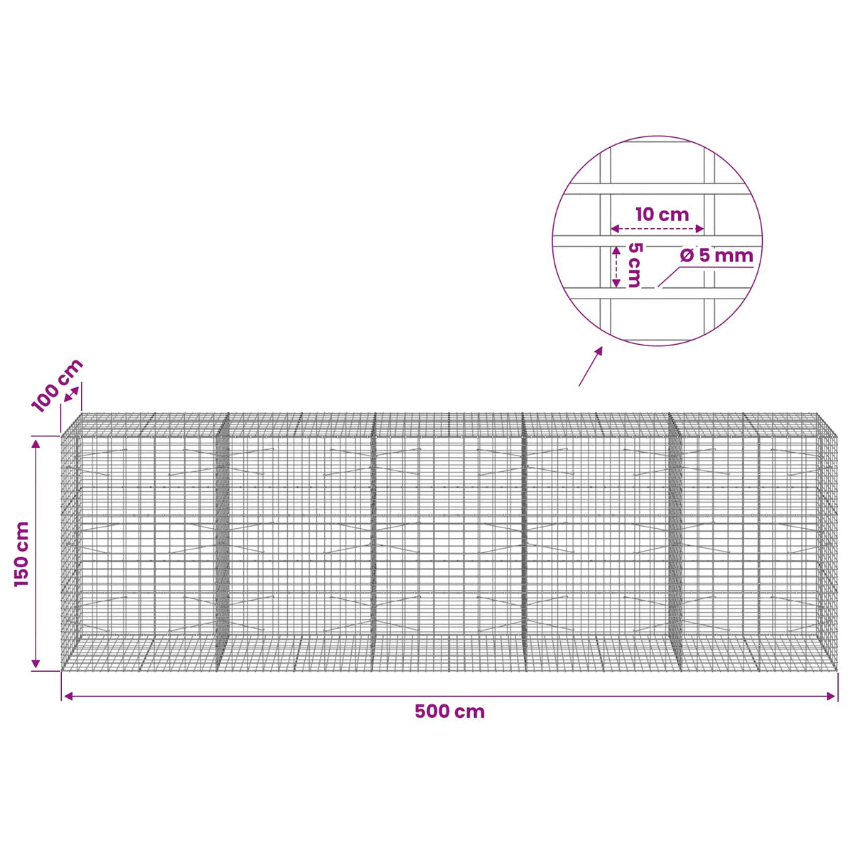 vidaXL Gabion with 5 mm Wire and 5x10 cm Mesh 500x100x150 cm 6