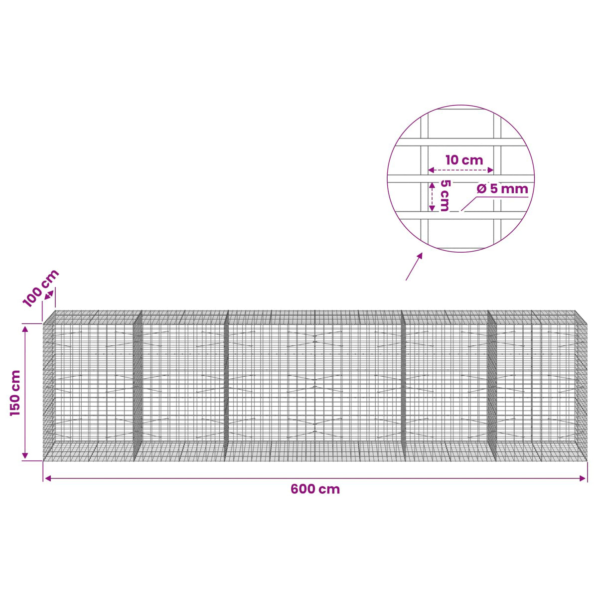 vidaXL Gabion with 5 mm Wire and 5x10 cm Mesh 600x100x150 cm 6