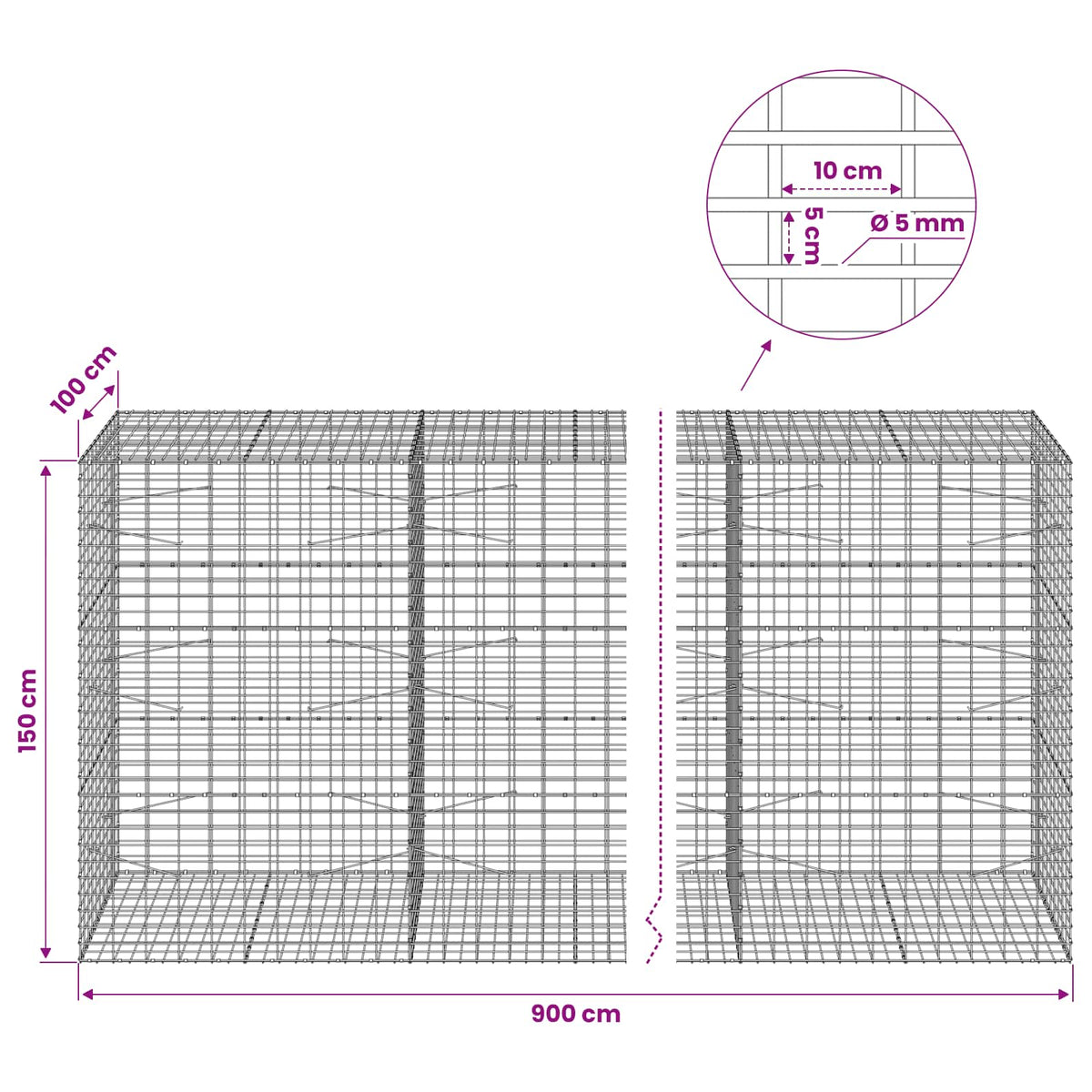 vidaXL Gabion with 5 mm Wire and 5x10 cm Mesh 900x100x150 cm 6