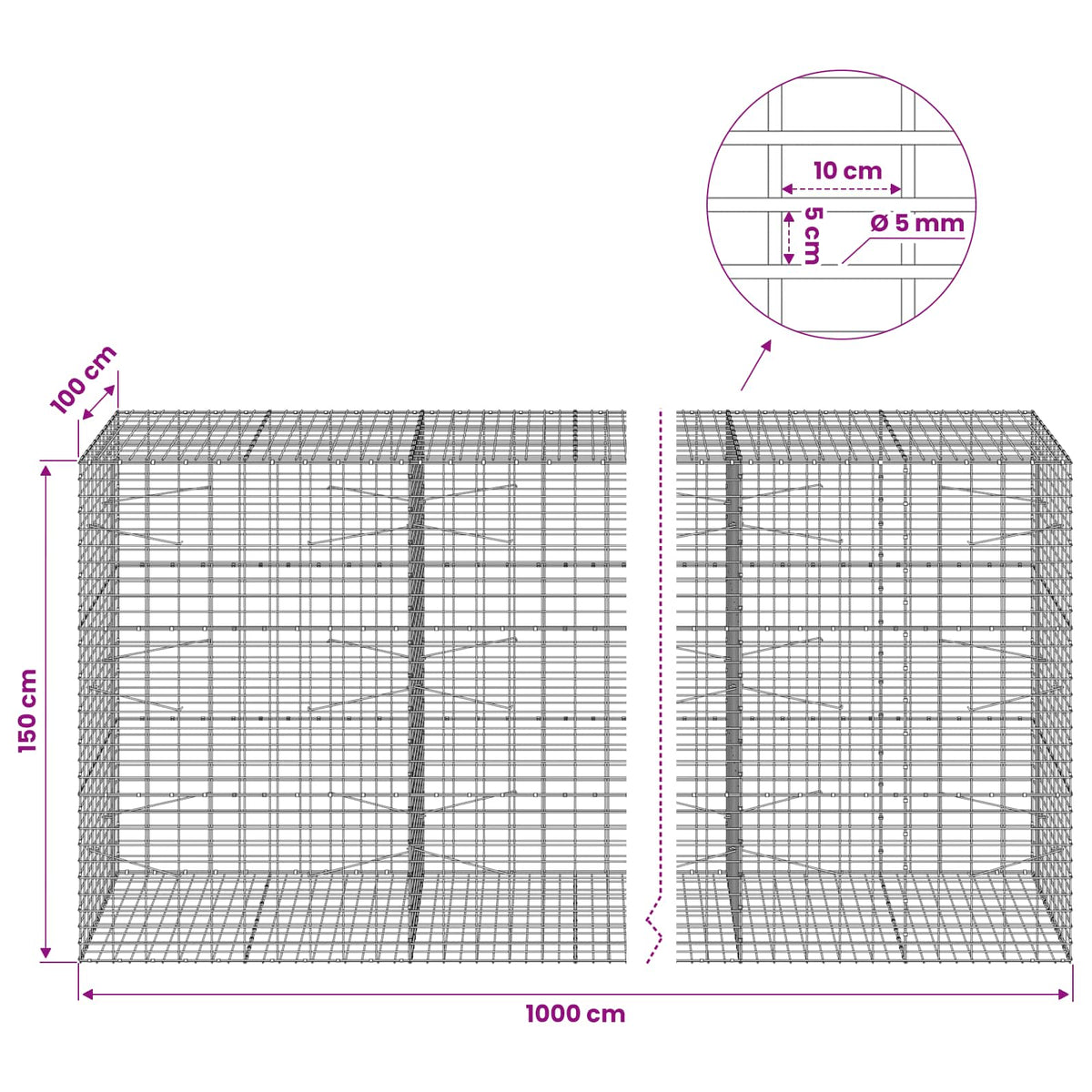 vidaXL Gabion with 5 mm Wire and 5x10 cm Mesh 1000x100x150 cm 6