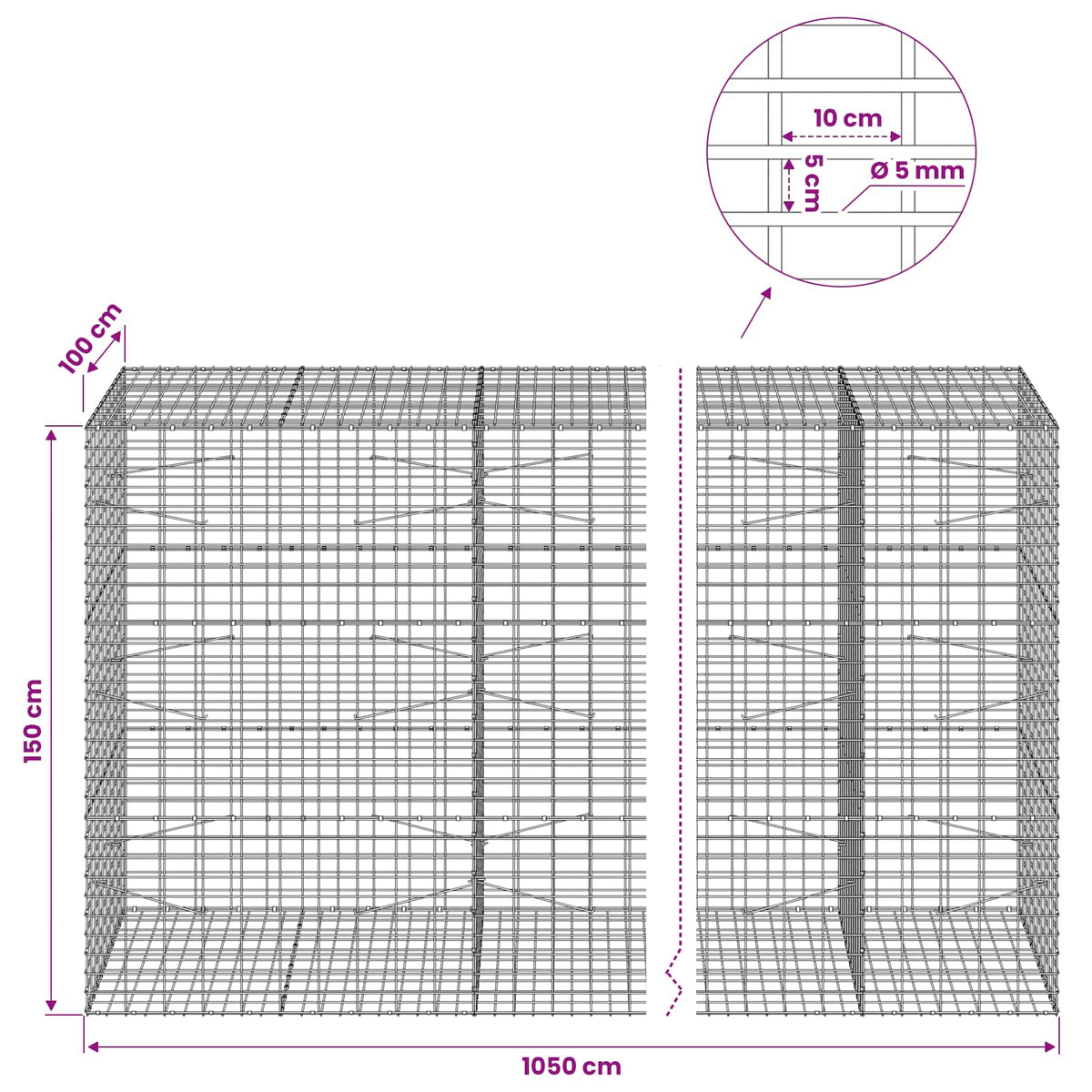 vidaXL Gabion with 5 mm Wire and 5x10 cm Mesh 1050x100x150 cm 6