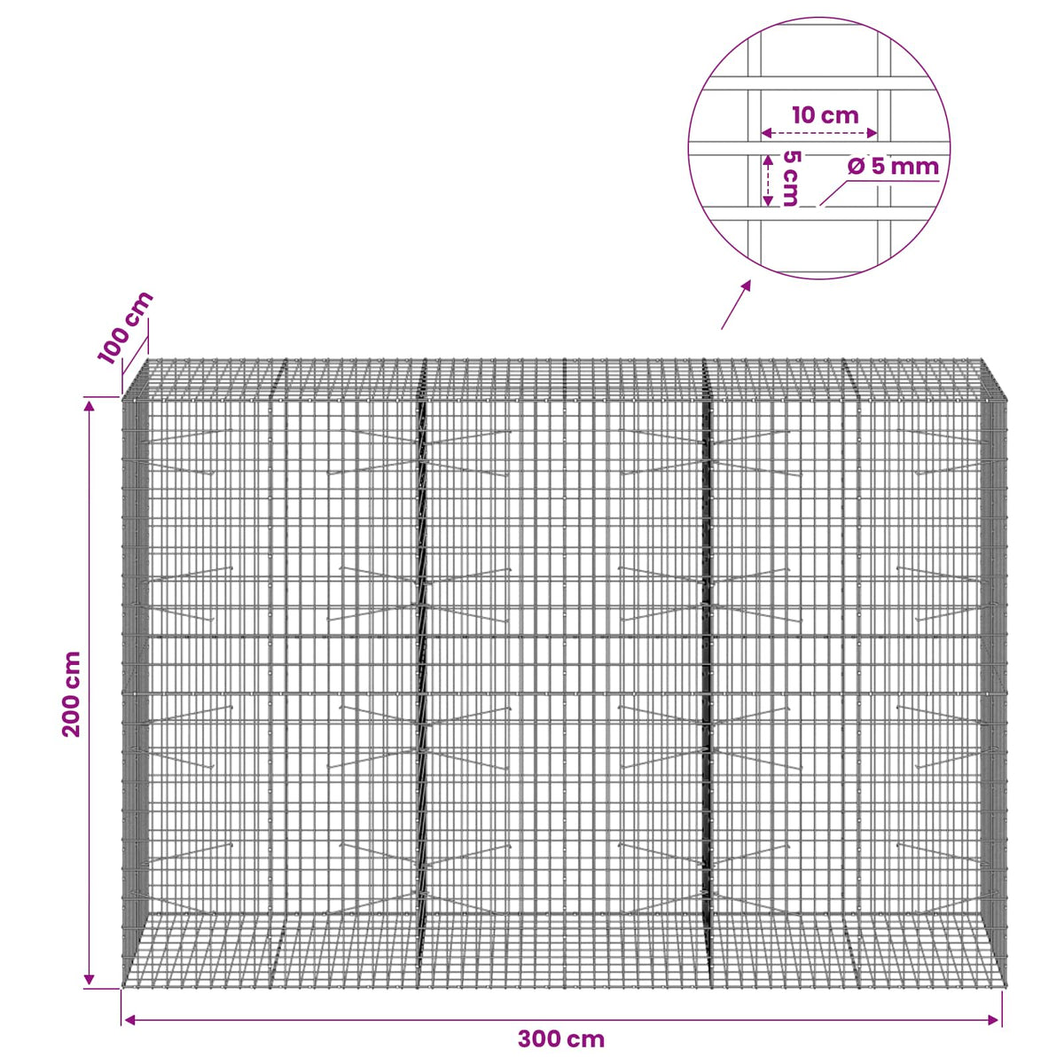 vidaXL Gabion with 5 mm Wire and 5x10 cm Mesh 300x100x200 cm 6
