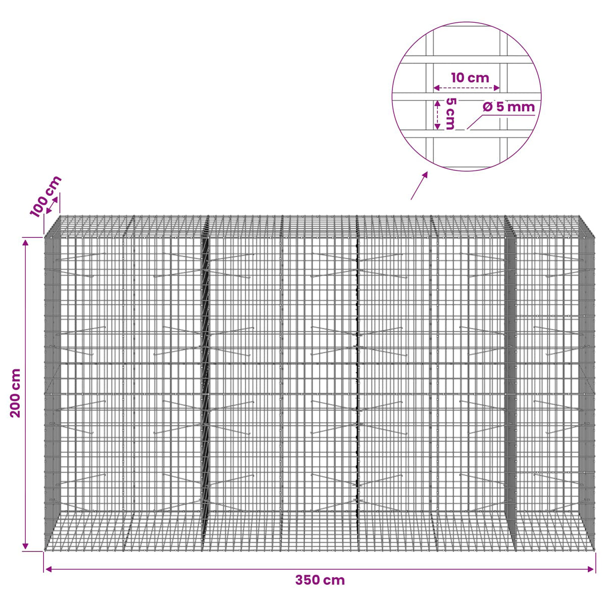 vidaXL Gabion with 5 mm Wire and 5x10 cm Mesh 350x100x200 cm 6