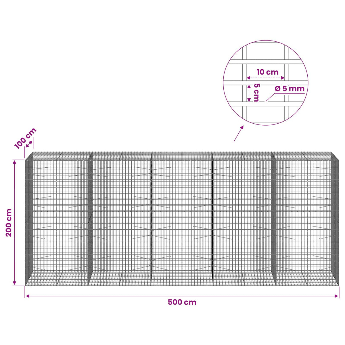 vidaXL Gabion with 5 mm Wire and 5x10 cm Mesh 500x100x200 cm 6