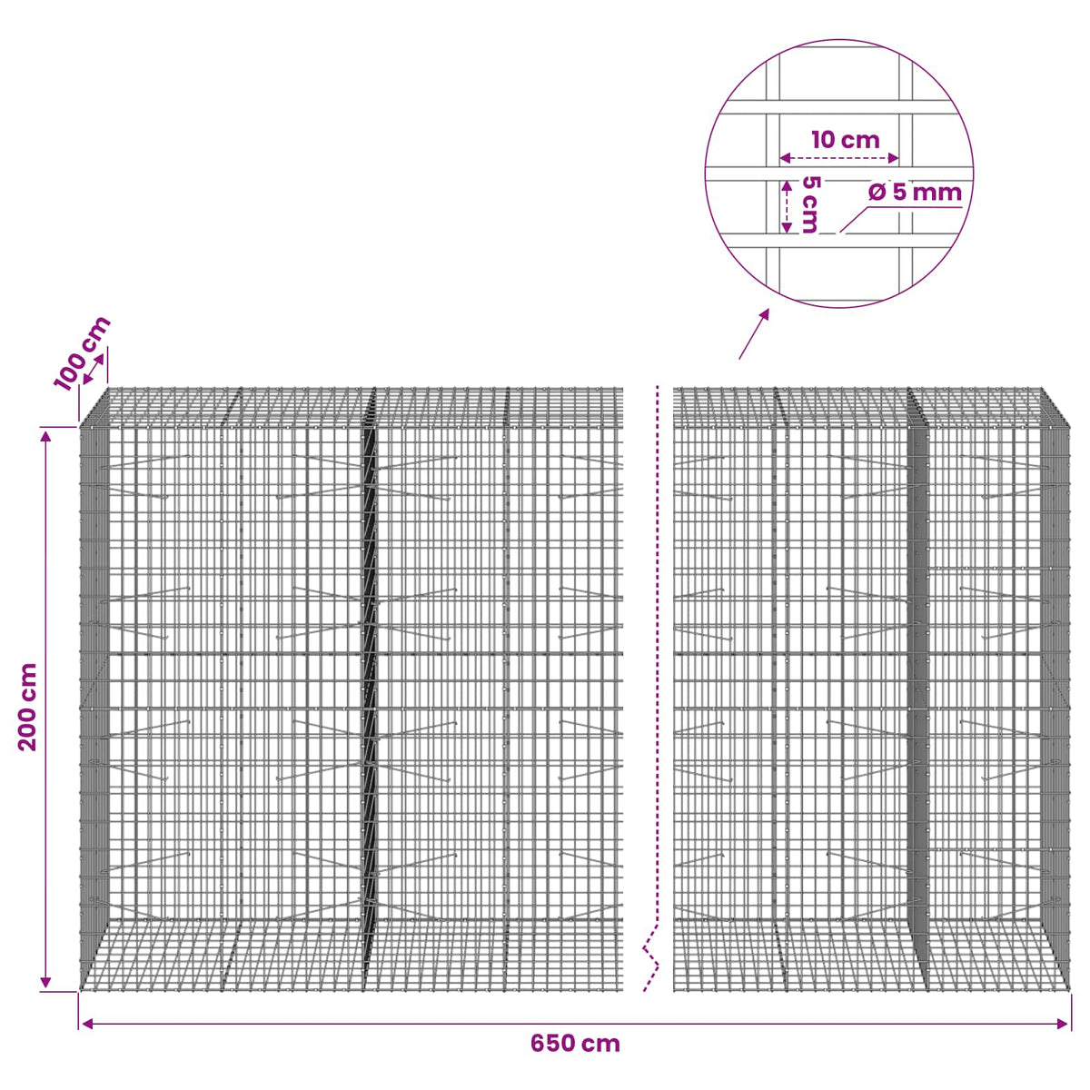 vidaXL Gabion with 5 mm Wire and 5x10 cm Mesh 650x100x200 cm 6