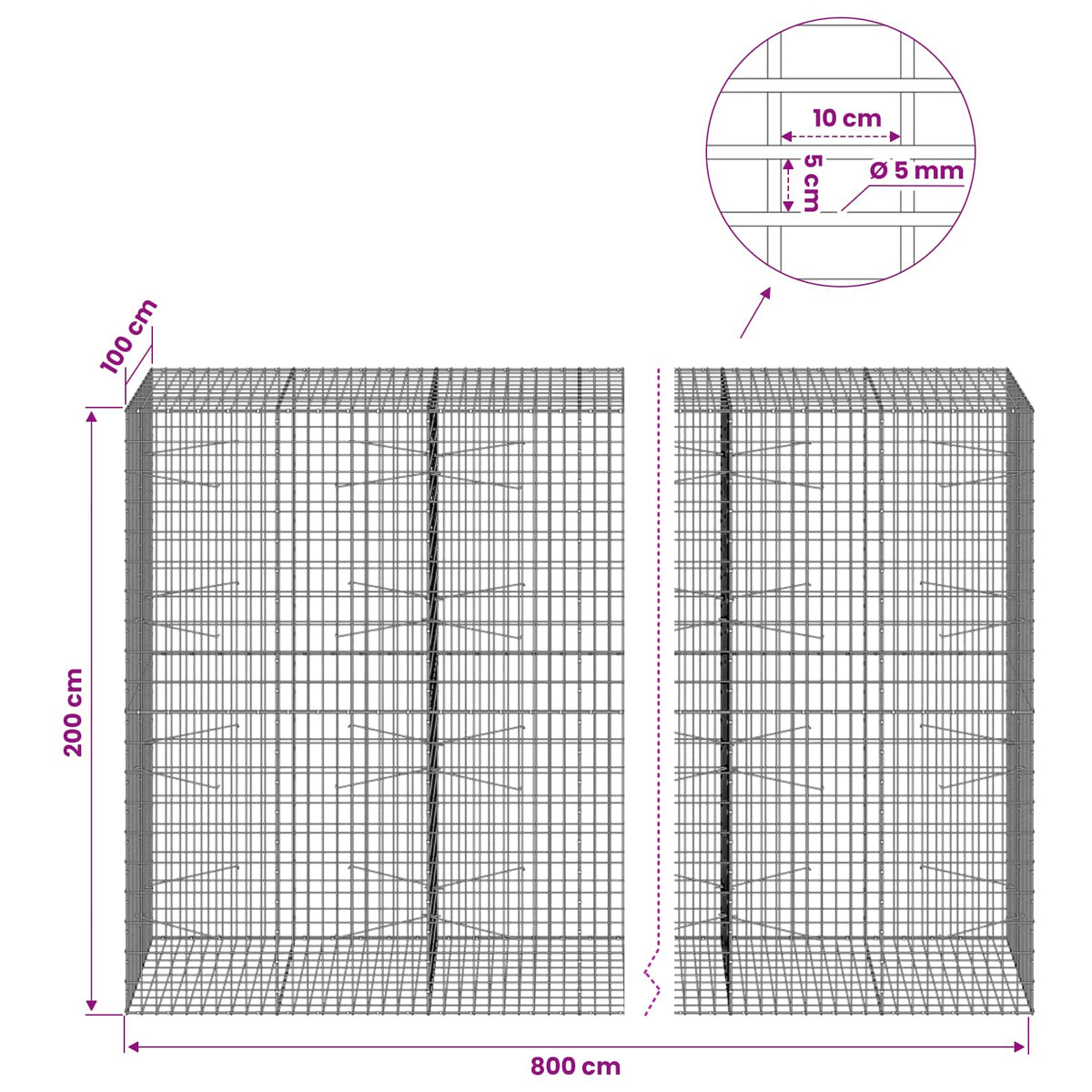 vidaXL Gabion with 5 mm Wire and 5x10 cm Mesh 800x100x200 cm 6
