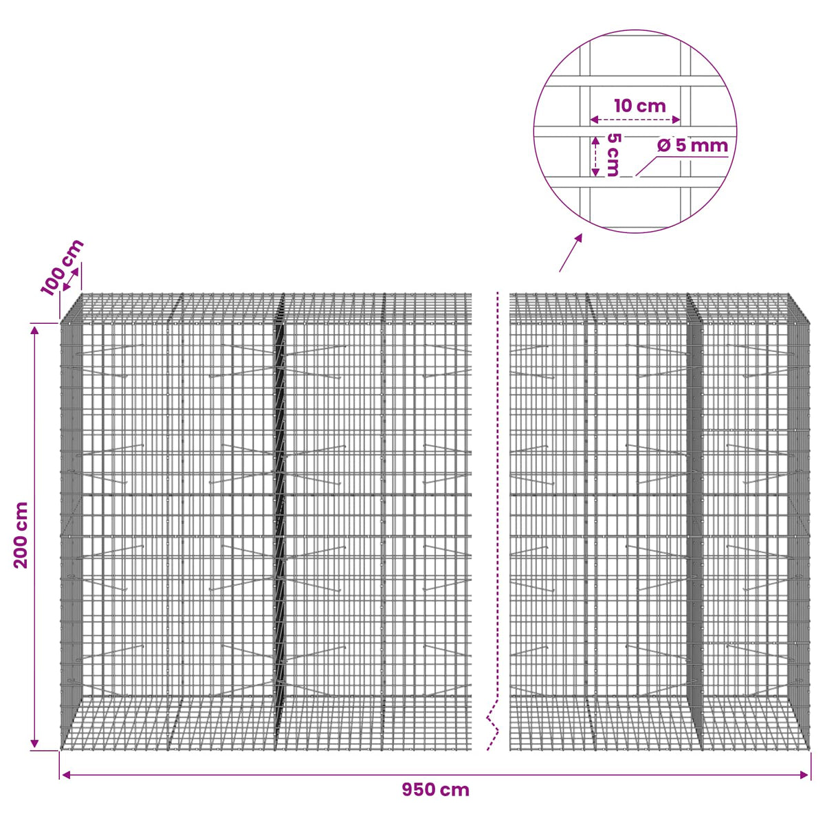vidaXL Gabion with 5 mm Wire and 5x10 cm Mesh 950x100x200 cm 6