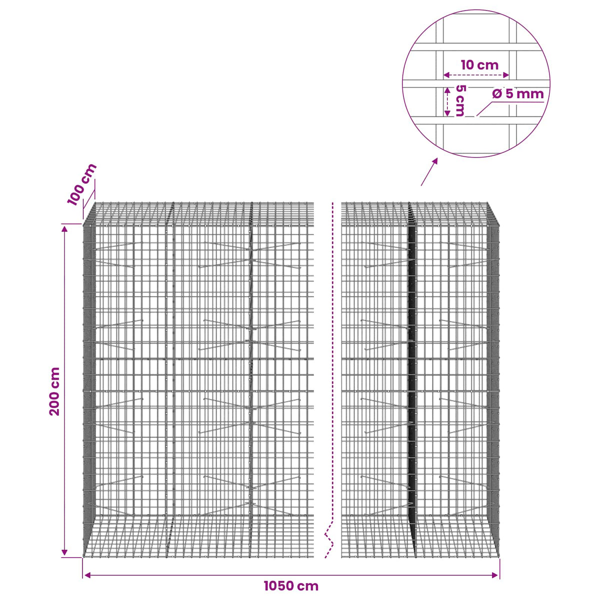 vidaXL Gabion with 5 mm Wire and 5x10 cm Mesh 1050x100x200 cm 6