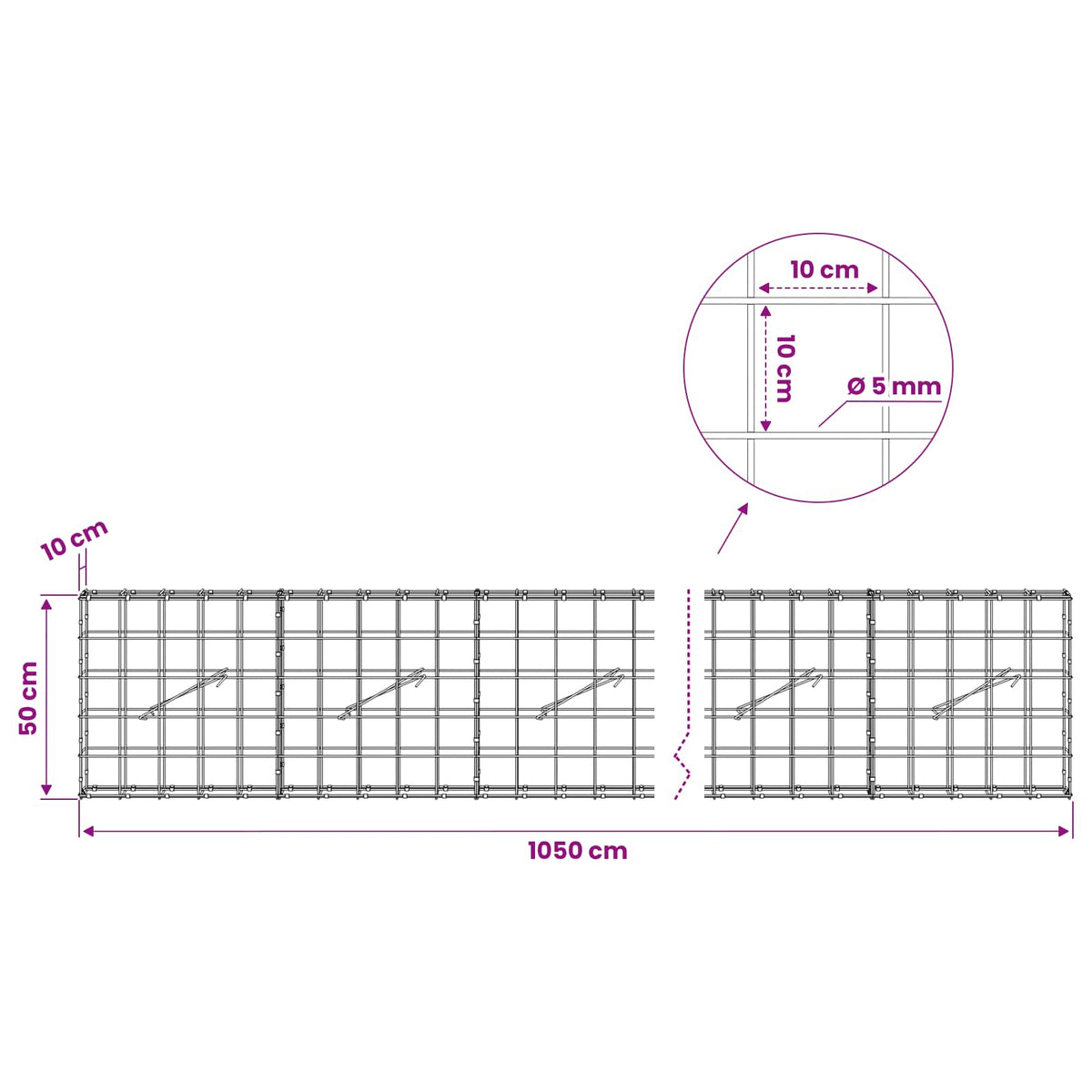 Gabion with 5 mm Wire and 10x10 cm Mesh 1050x10x50 cm 1050 cm