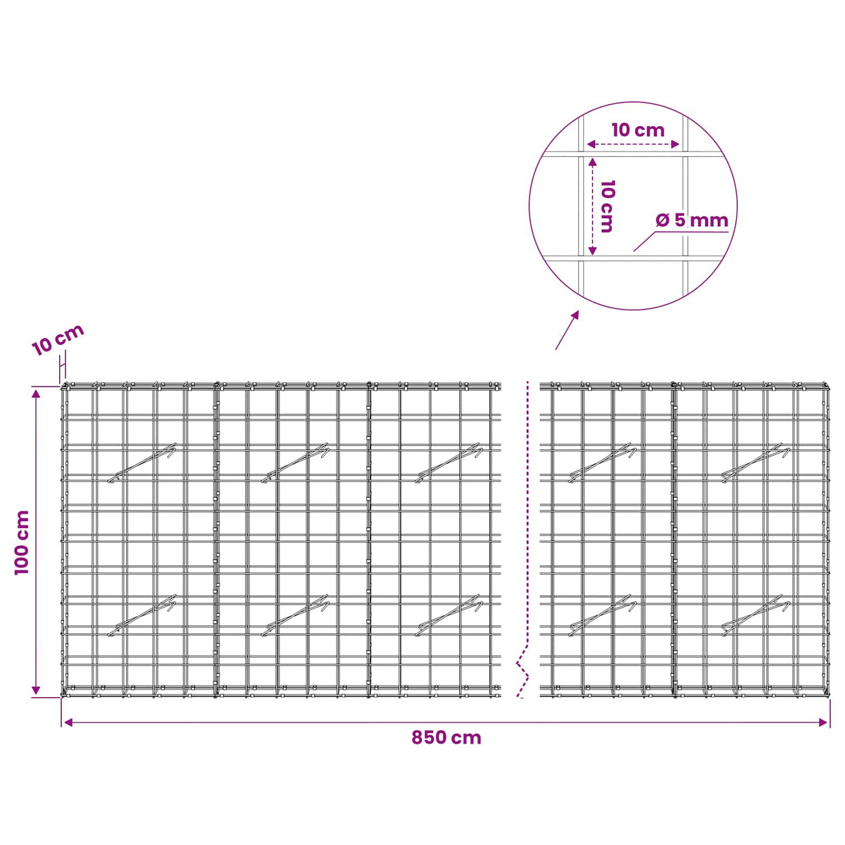 vidaXL Gabion with 5 mm Wire and 10x10 cm Mesh 850x10x100 cm 6