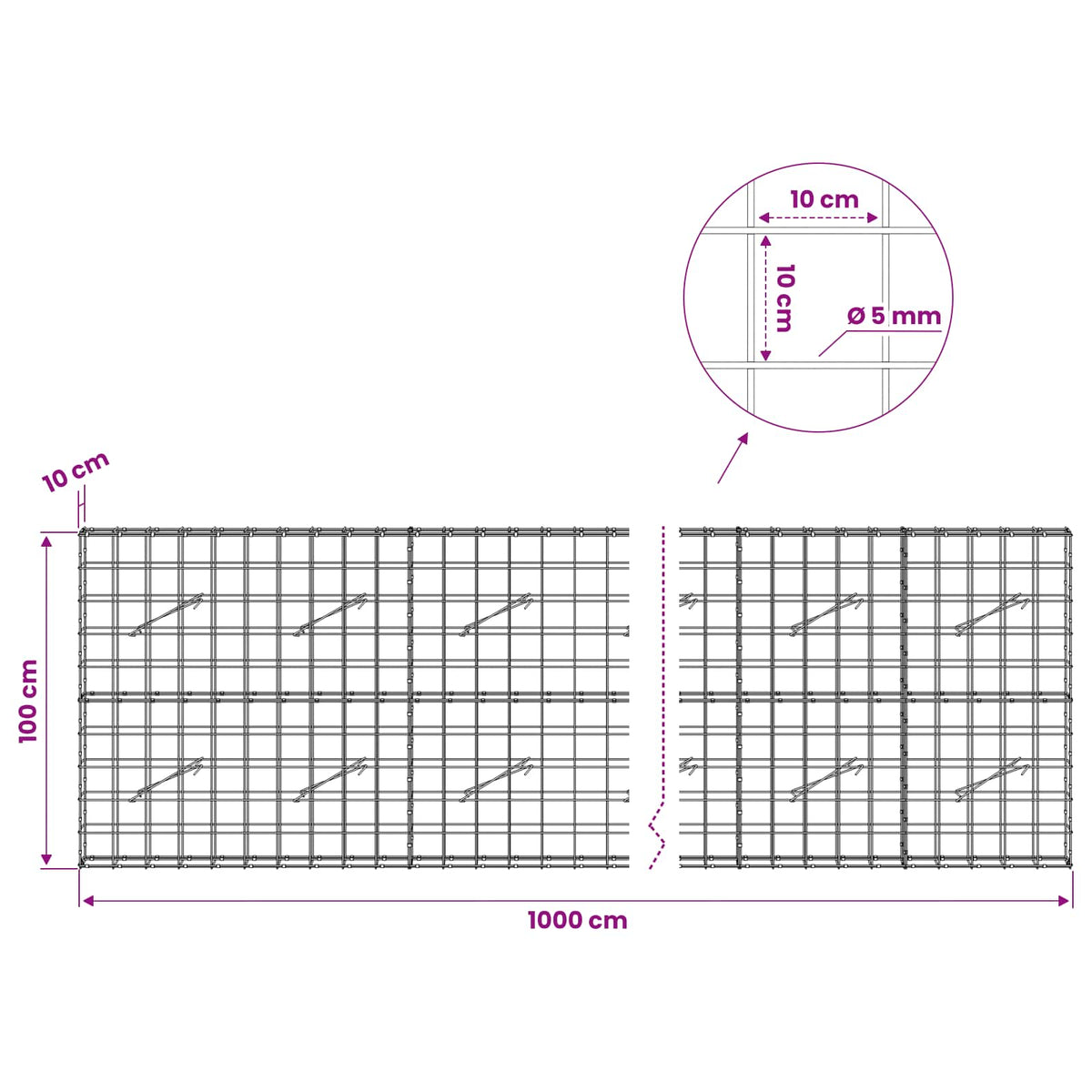 vidaXL Gabion with 5 mm Wire and 10x10 cm Mesh 1000x10x100 cm 6