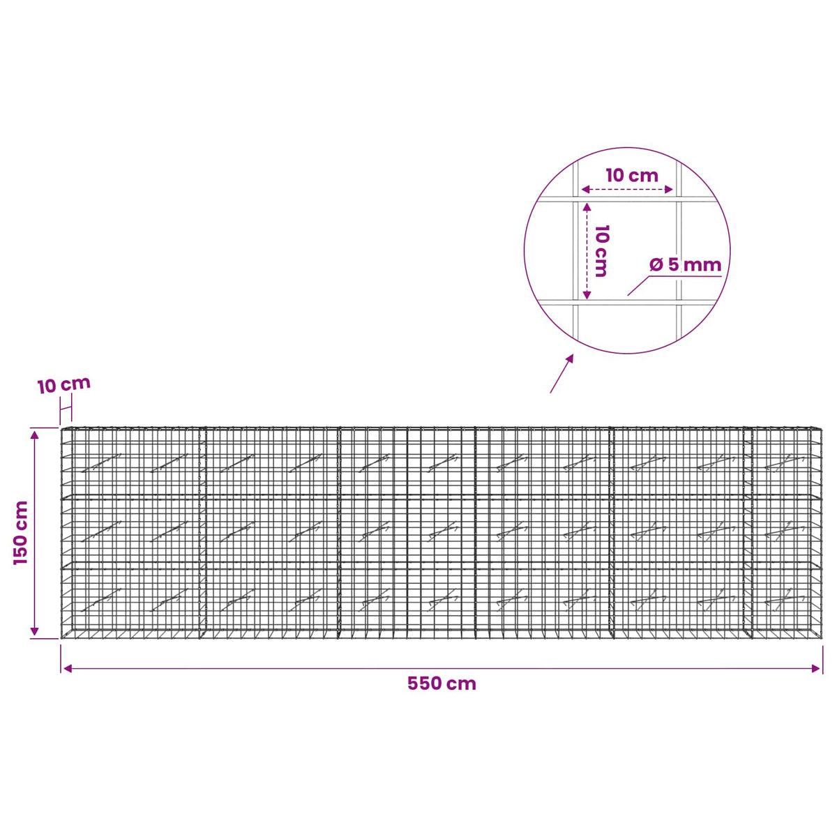 vidaXL Gabion with 5 mm Wire and 10x10 cm Mesh 550x10x150 cm 6