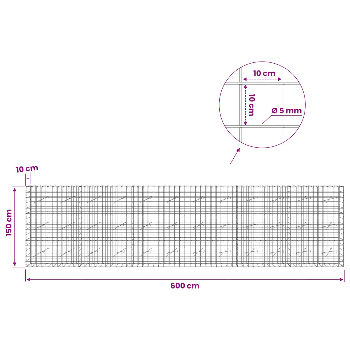 vidaXL Gabion with 5 mm Wire and 10x10 cm Mesh 600x10x150 cm 6