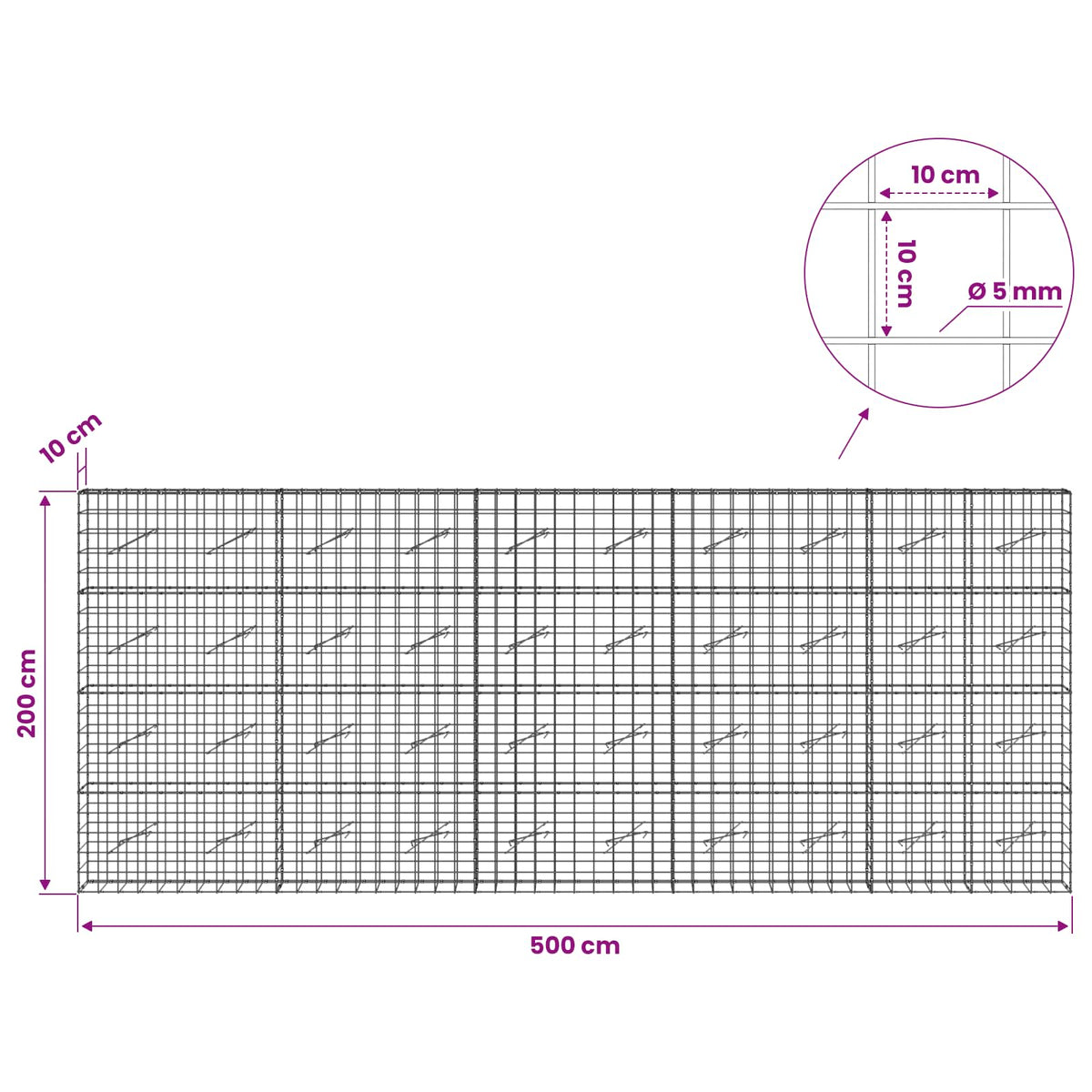 vidaXL Gabion with 5 mm Wire and 10x10 cm Mesh 500x10x200 cm 6