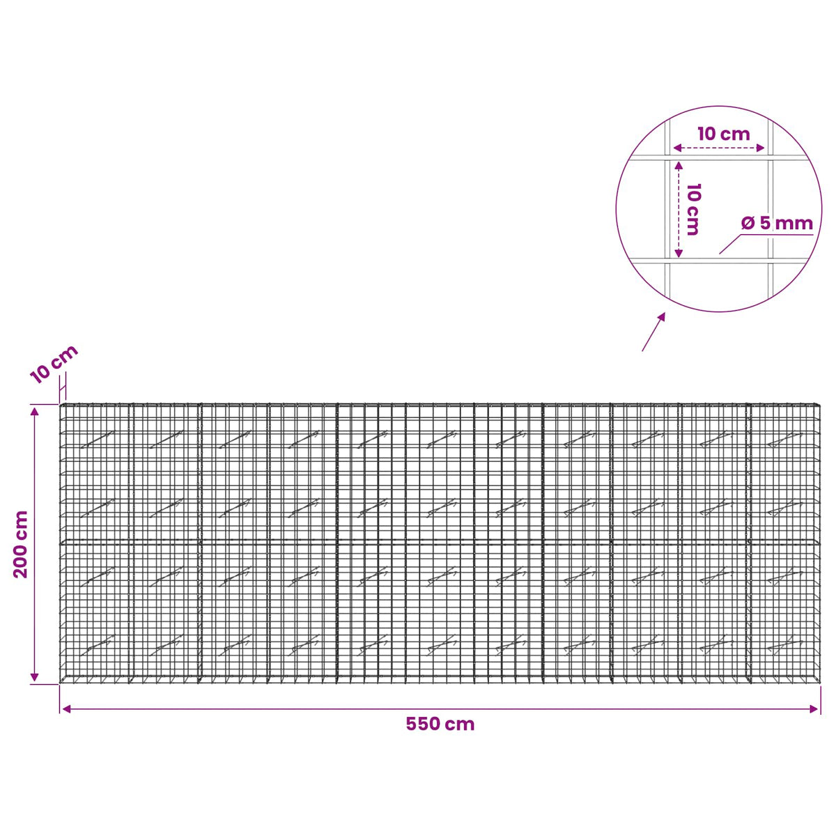 vidaXL Gabion with 5 mm Wire and 10x10 cm Mesh 550x10x200 cm 6
