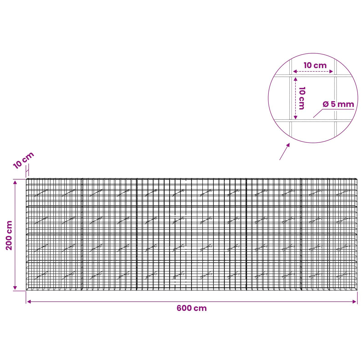 vidaXL Gabion with 5 mm Wire and 10x10 cm Mesh 600x10x200 cm 6