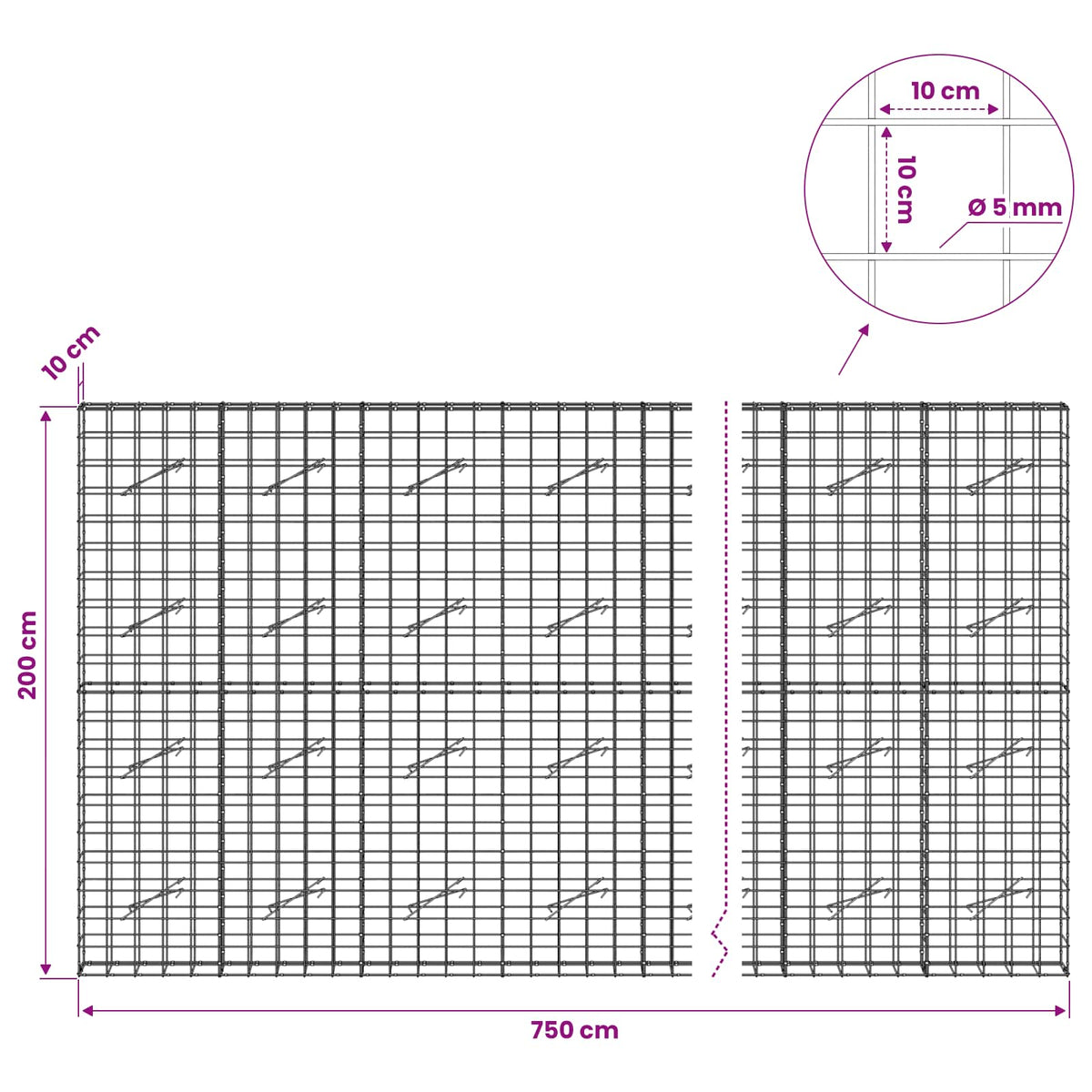 vidaXL Gabion with 5 mm Wire and 10x10 cm Mesh 750x10x200 cm 6