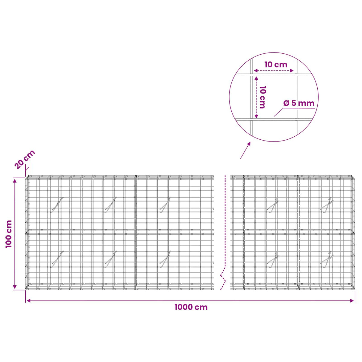 vidaXL Gabion with 5 mm Wire and 10x10 cm Mesh 1000x20x100 cm 6
